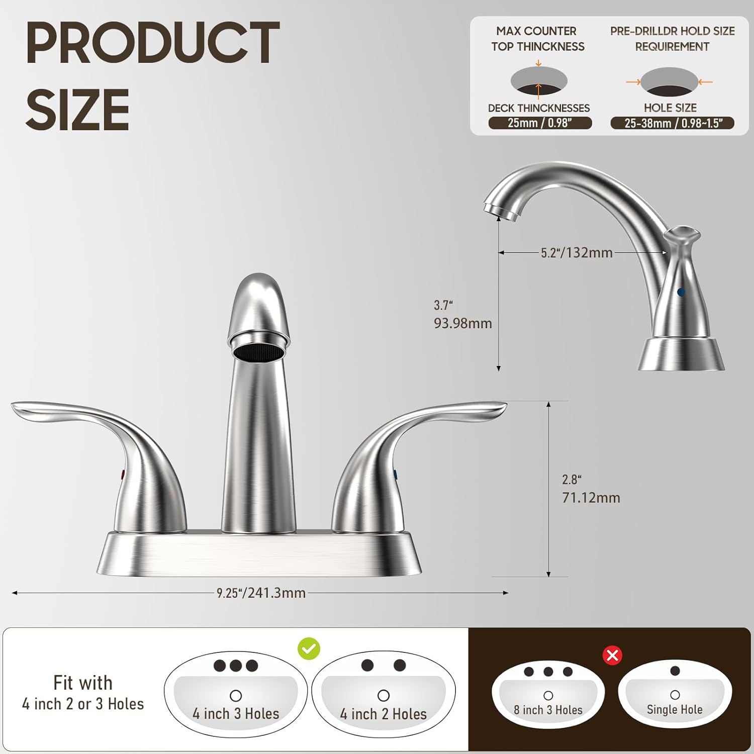 Phiestina Centerset 4 Inch Brushed Nickel 2 or 3 Holes Stainless Steel Bathroom Sink Faucet, 2 Handle Bathroom Faucet with Copper Pop Up Drain and Water Supply Lines, BF008-5-BN