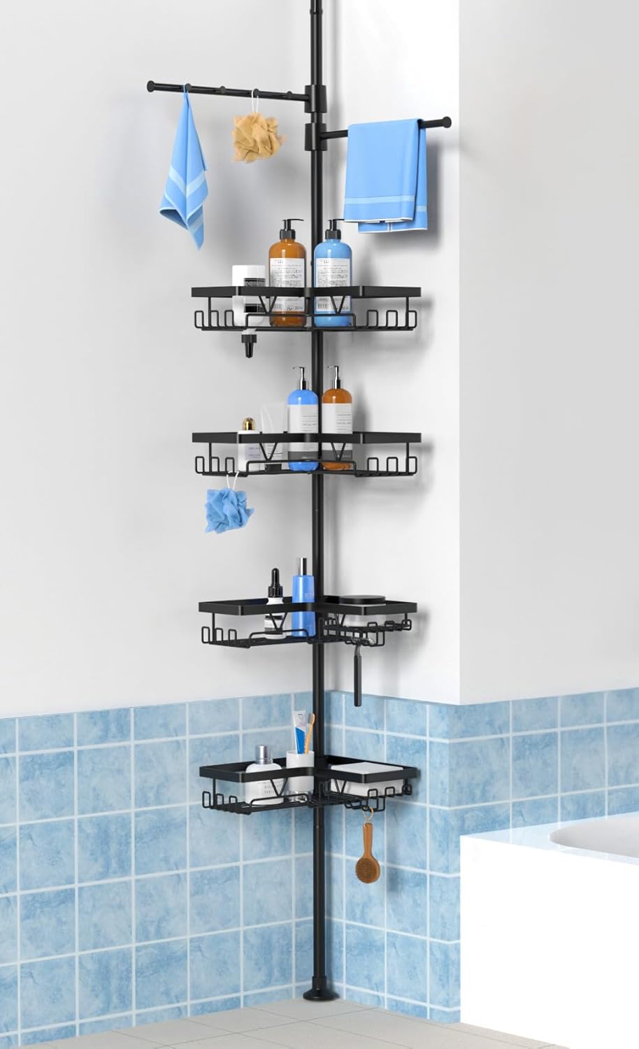 KEGII Corner Shower Caddy Tension Pole - Shower Tension Rod Organizer, Floor to Ceiling Shower Caddy 25-114.2 inch, Towel Rack Corner Waterproof, Black