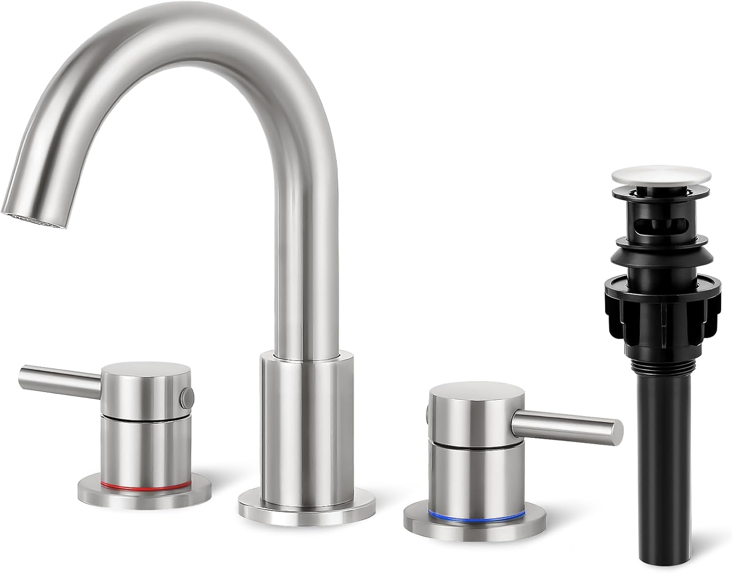 Bathroom Faucet 3 Hole, Brushed Gold Bathroom Sink Faucet with Pop Up Drain, 8 inch Widespread Bathroom Faucet with 360° Swivel Spout, 2 Handle Vanity Faucet with Water Supply Hoses