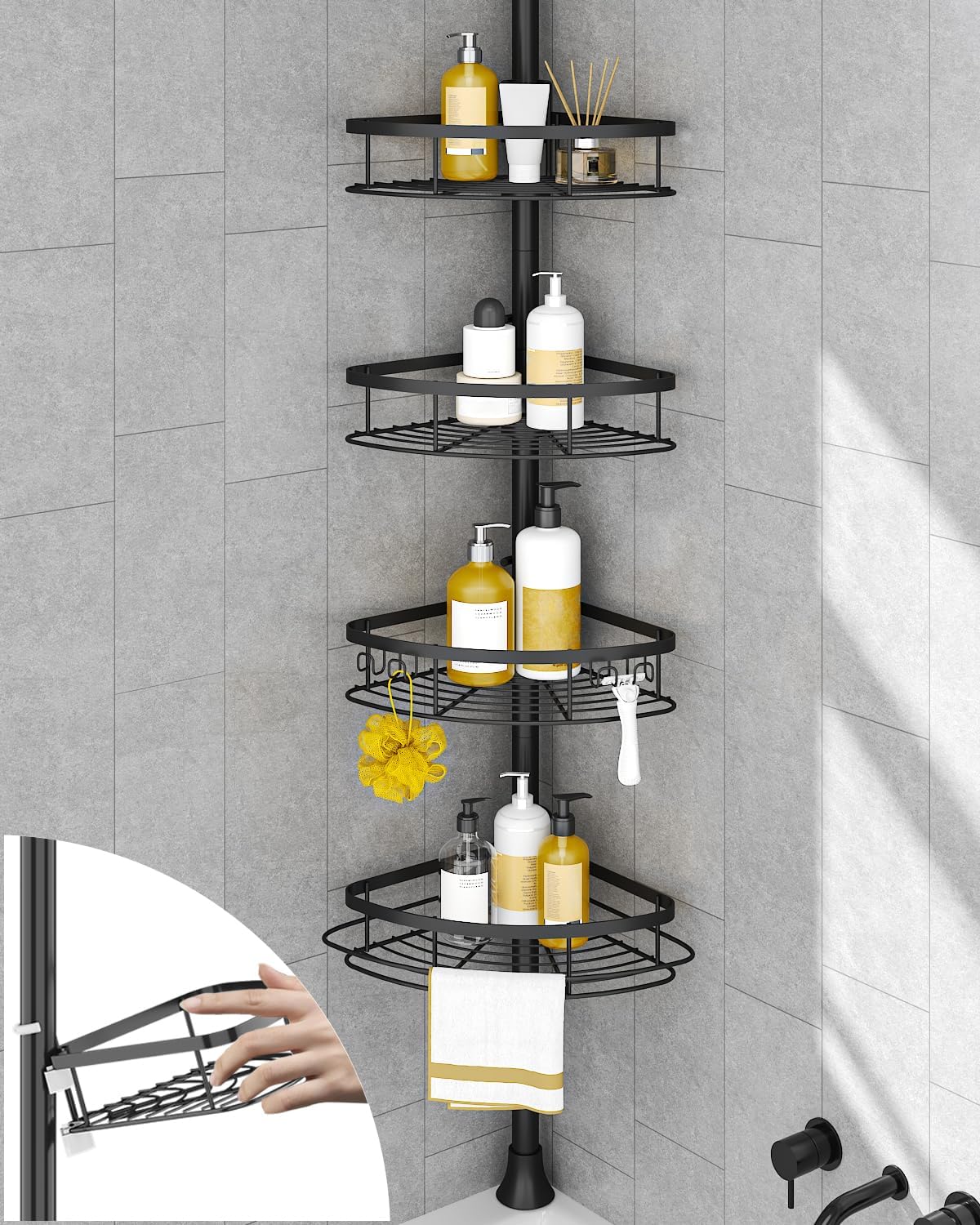SEIRIONE Rustproof Shower Corner Caddy Organizer for Bathroom, 4 Adjustable Shelves with Tension Pole, for Bathtub Shampoo Accessories Storage Holder, 34 to 116 Inch Height