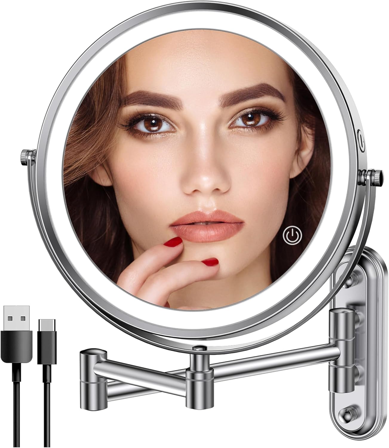 Rocollos Rechargeable Wall Mounted Lighted Makeup Mirror Chrome, 8 Inch Double-Sided LED Vanity Mirror 1X/10X Magnification,3 Color Lights Touch Screen Dimmable 360°Swivel 13 Inch Extendable