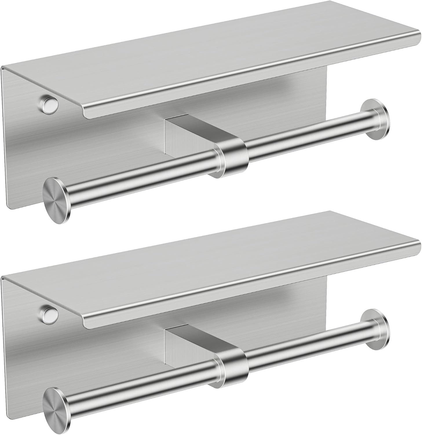 FORIOUS Double Toilet Paper Holder with Shelf, Wall Mount Tissue Roll Holder for Bathroom, 304 Stainless Steel Commercial Toilet Tissue Dispensers with Phone Shelf (1, Stainless Steel)