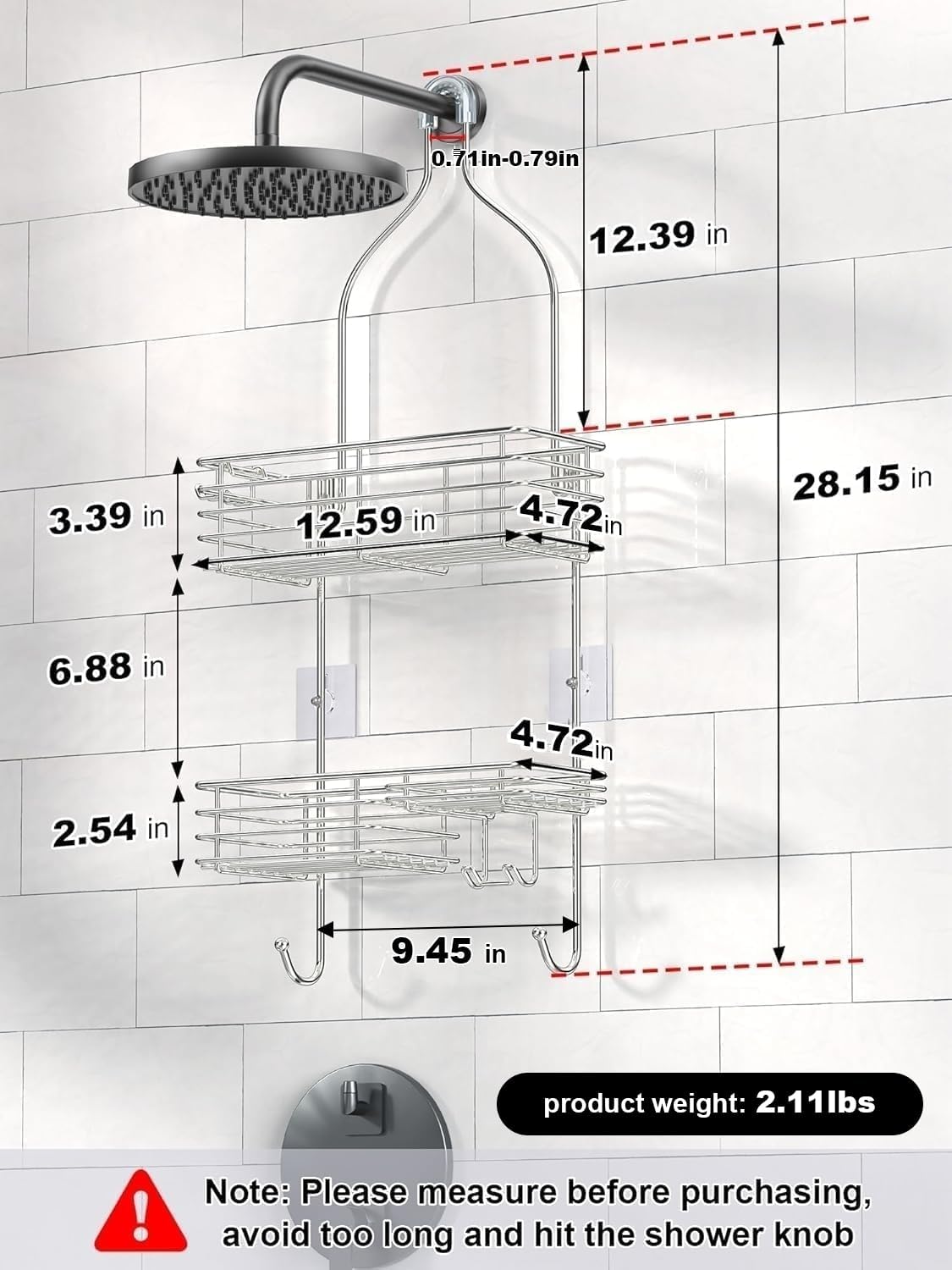 SMARTAKE Hanging Shower Head Caddy, Rustproof Bathroom Shower Shelf Organizer, SUS201 Stainless Steel Over The Storage Rack, for Toilet, Bathroom, Silver