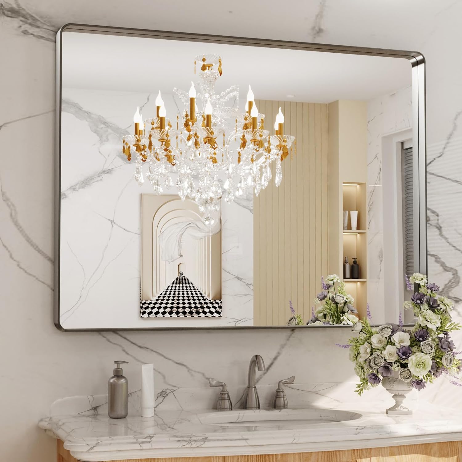 LOAAO Black Metal Framed Bathroom Mirror for Wall, 22X30 Inch Rounded Rectangle Mirror, Matte Black Bathroom Vanity Mirror Farmhouse, Anti-Rust, Hangs Horizontally or Vertically