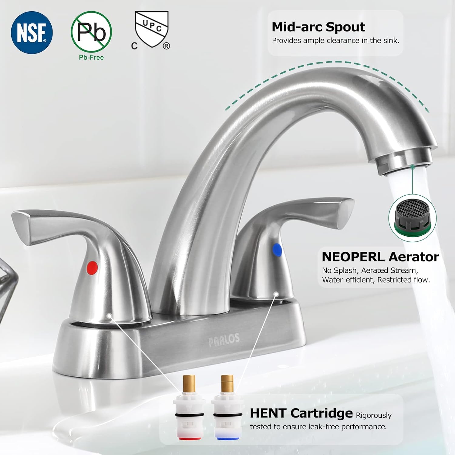 PARLOS 2-Handle Bathroom Sink Faucet with Drain Assembly and Supply Hose Lead-Free cUPC Lavatory Faucet Mixer Double Handle Tap Deck Mounted Brushed Nickel,13598