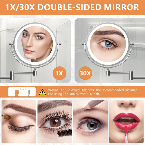 Auxmir 1X/30X Wall Mounted Lighted Makeup Mirror, 8" Rechargeable Double-Sided Magnifying Mirror with Light, Touch Dimmable 3 Color Light, 360° Rotation Foldable Extended Arm, Chrome