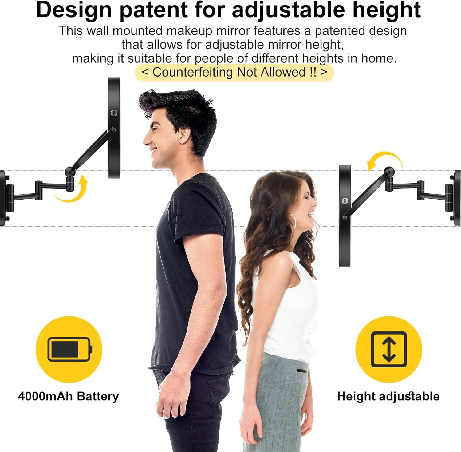 9" Wall Mounted Lighted Makeup Mirror,4000mAh Rechargeable Double Sided 1X/10X Magnifying Mirror with Light,3 Color Lights,Touch Dimmable,Extended Arm 360 Rotation Wall Mounted Makeup Mirror