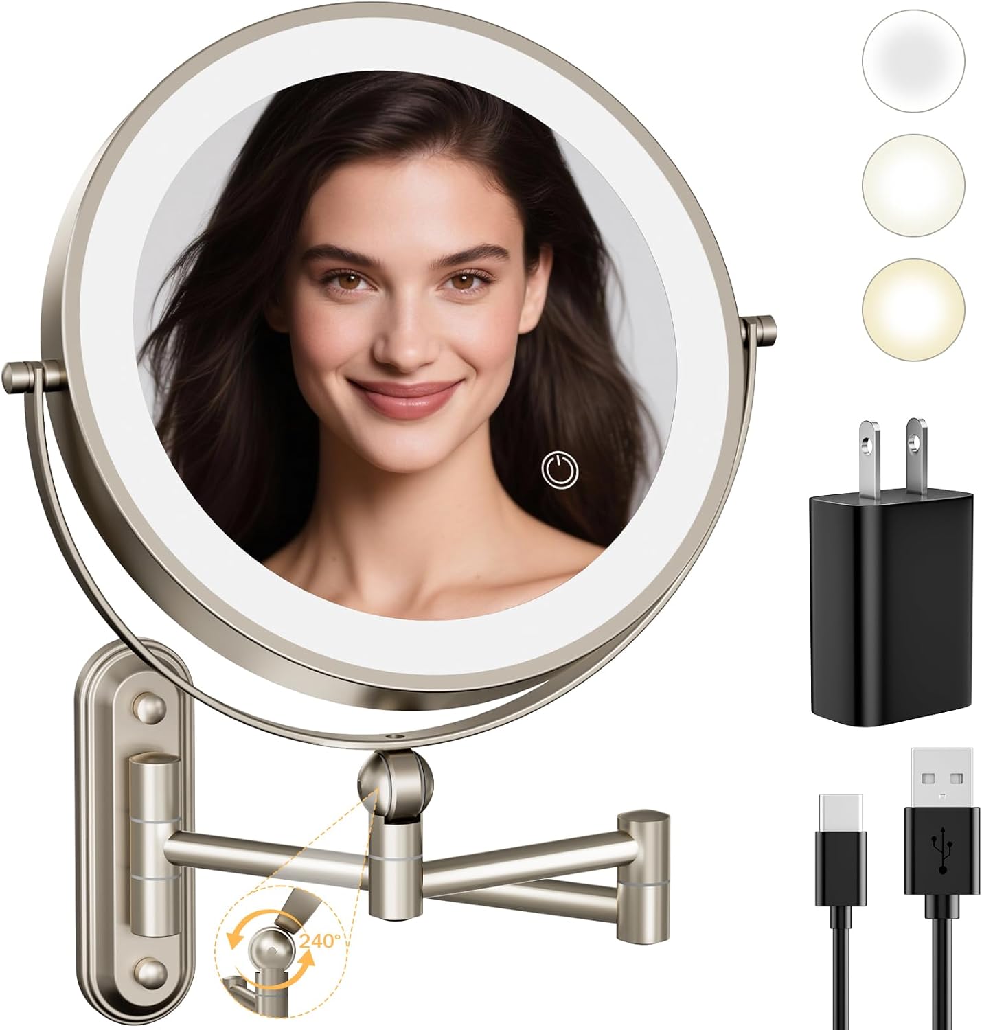 Rocollos Rechargeable Wall Mounted Lighted Makeup Mirror Chrome, 8 Inch Double-Sided LED Vanity Mirror 1X/10X Magnification,3 Color Lights Touch Screen Dimmable 360°Swivel 13 Inch Extendable
