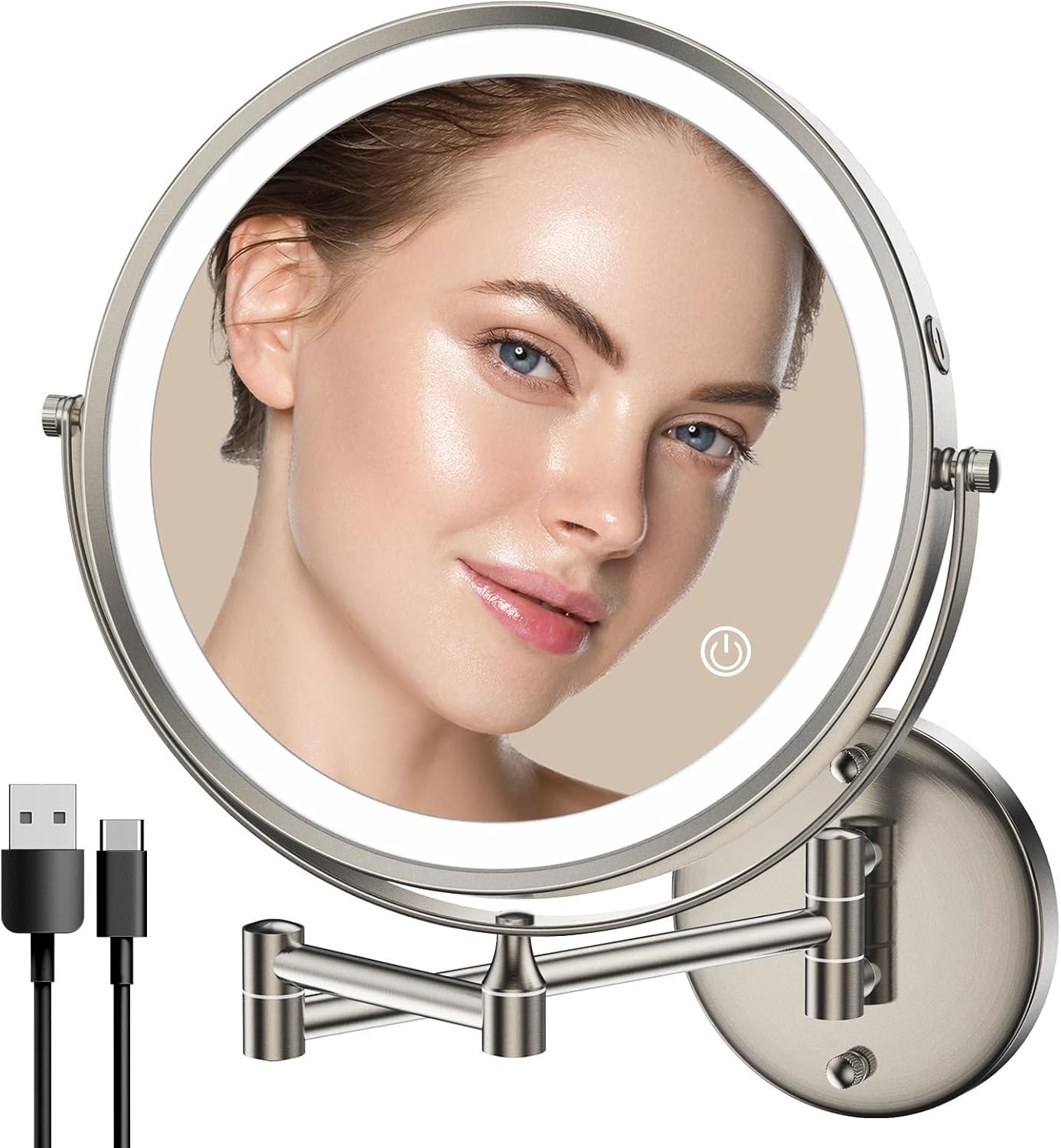 Rocollos Rechargeable Wall Mounted Lighted Makeup Mirror Chrome, 8 Inch Double-Sided LED Vanity Mirror 1X/10X Magnification,3 Color Lights Touch Screen Dimmable 360°Swivel 13 Inch Extendable