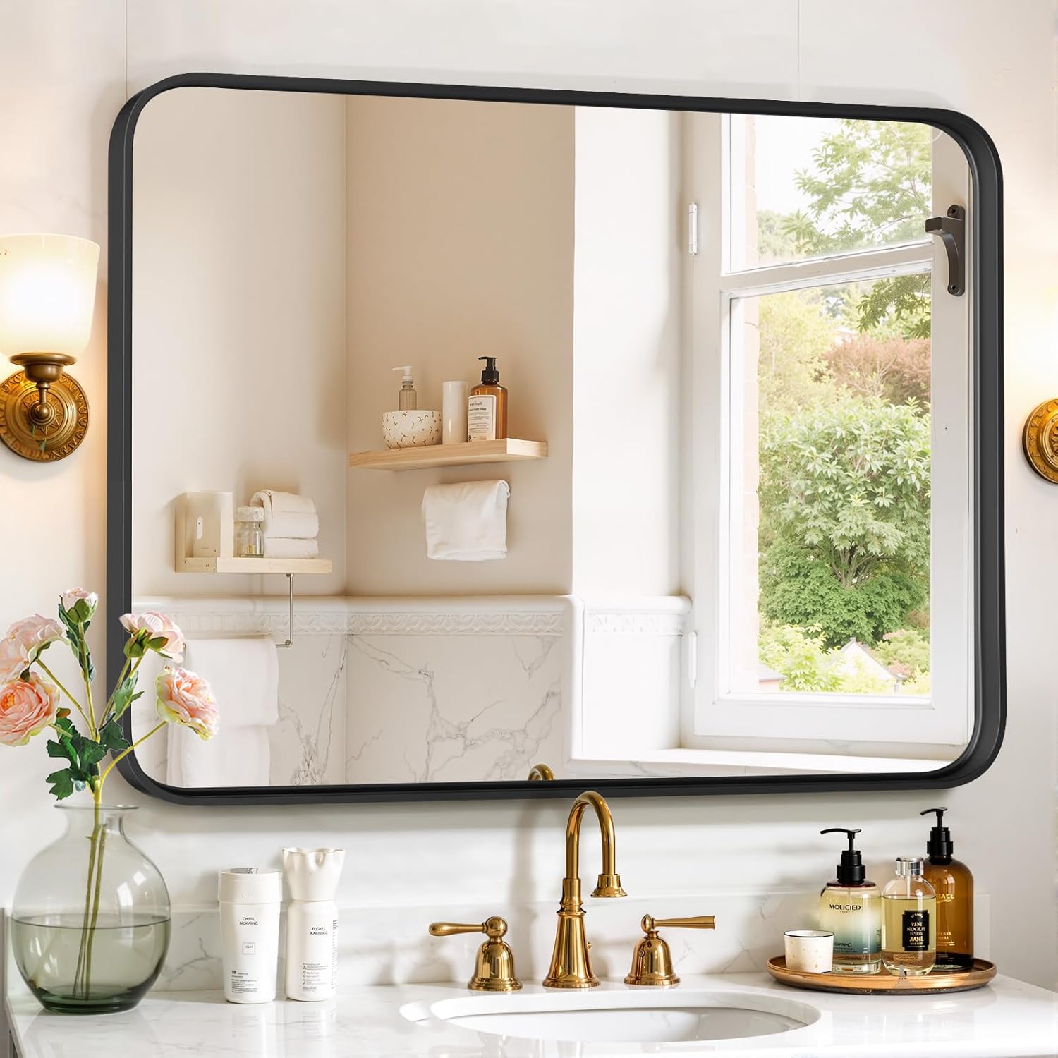 Bathroom Mirror 36x24 Inch Black Metal Frame Rectangle Vanity Mirror with Rounded Corners, Modern Wall Mounted Anti-Rust Mirror for Farmhouse, Restroom, Entryway, Horizontal or Vertical Hanging