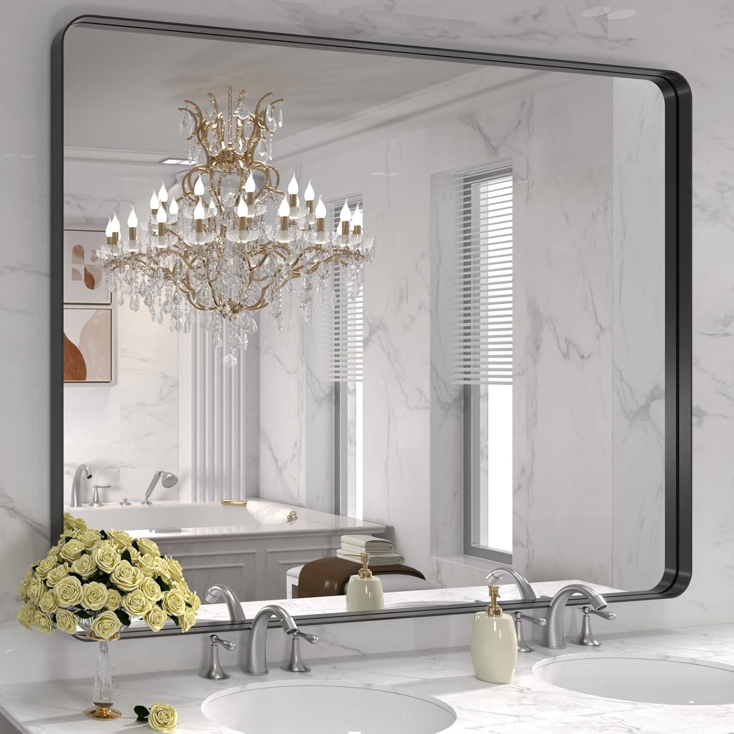 LOAAO Black Metal Framed Bathroom Mirror for Wall, 22X30 Inch Rounded Rectangle Mirror, Matte Black Bathroom Vanity Mirror Farmhouse, Anti-Rust, Hangs Horizontally or Vertically