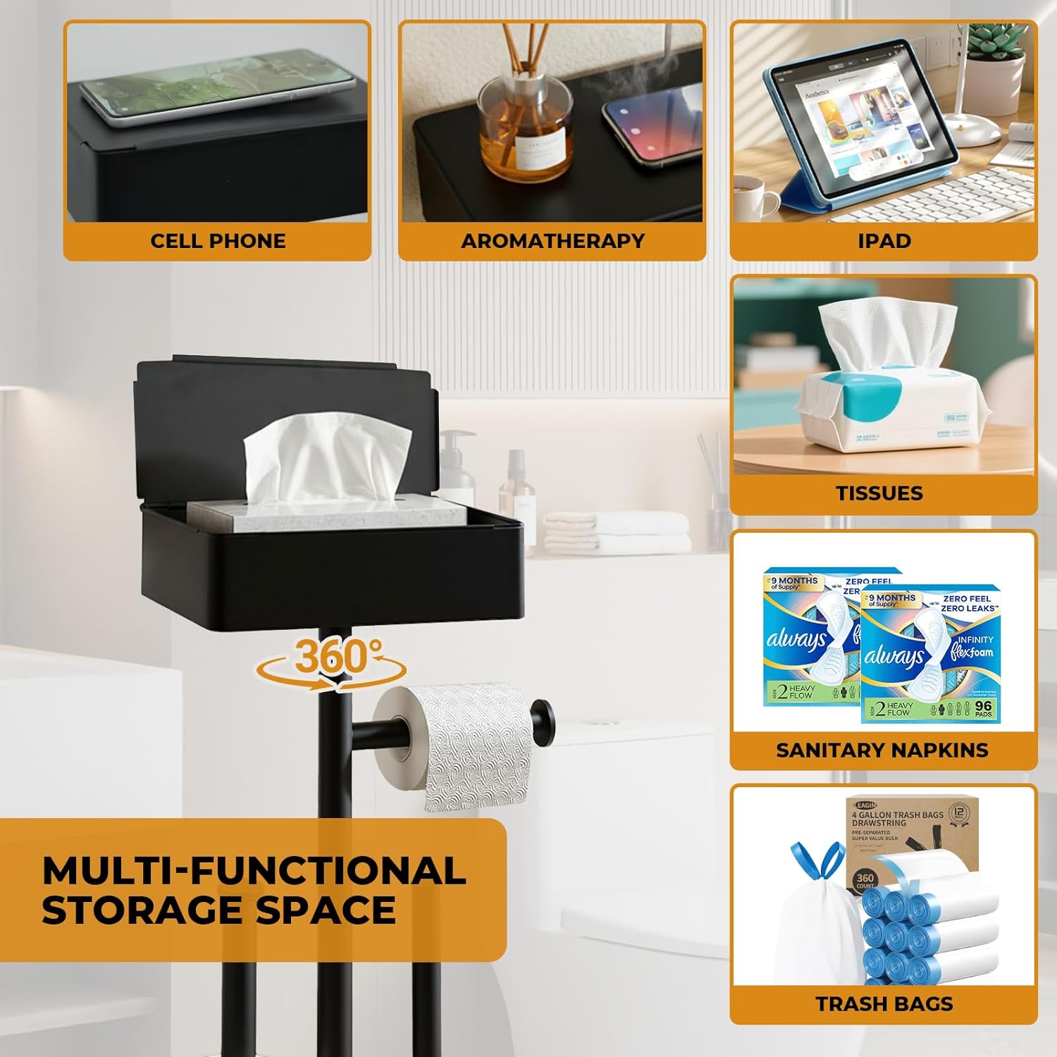 Freestanding Toilet Paper Holder Stand with Shelf for 7 Rolls, Free Standing Black Toilet Paper Roll Holder with Wipes Storage Drawer, Rustproof Metal Floor Bathroom Tissue Holder for Bathroom