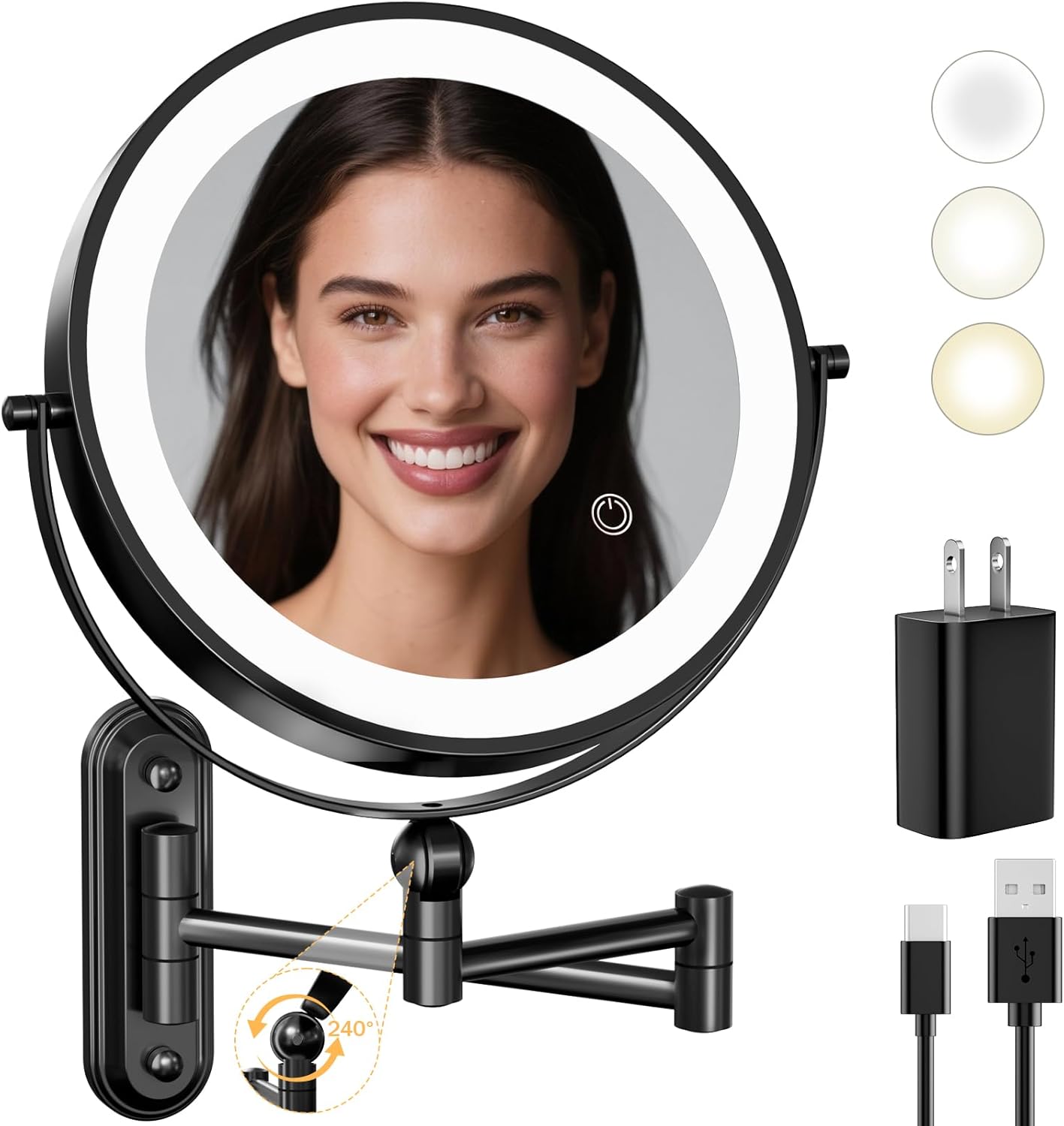 Rocollos Rechargeable Wall Mounted Lighted Makeup Mirror Chrome, 8 Inch Double-Sided LED Vanity Mirror 1X/10X Magnification,3 Color Lights Touch Screen Dimmable 360°Swivel 13 Inch Extendable