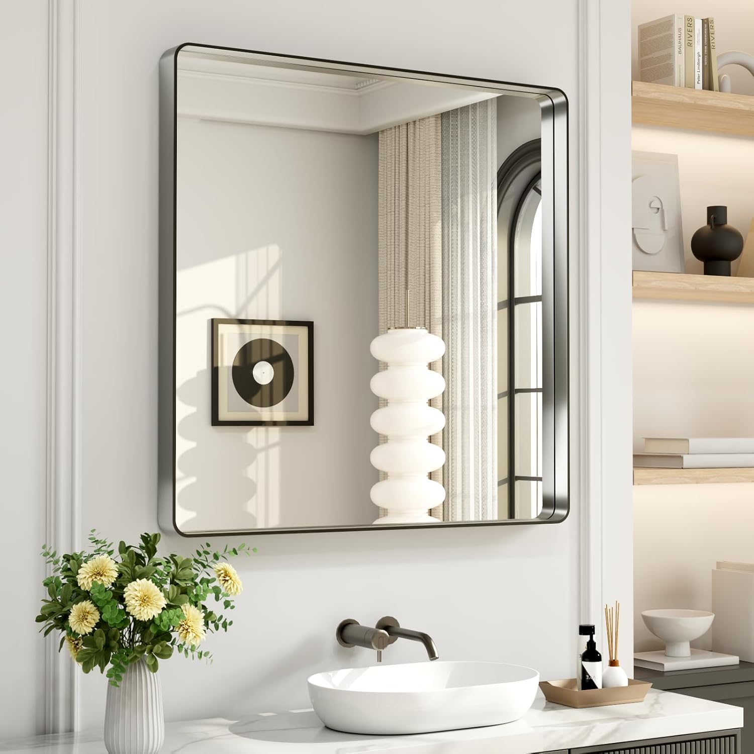 LOAAO Black Metal Framed Bathroom Mirror for Wall, 22X30 Inch Rounded Rectangle Mirror, Matte Black Bathroom Vanity Mirror Farmhouse, Anti-Rust, Hangs Horizontally or Vertically