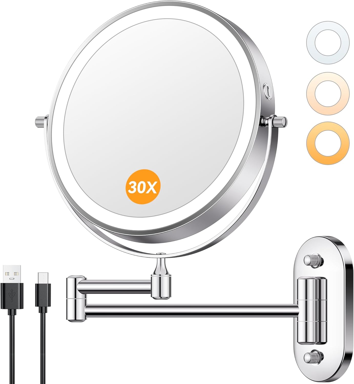 Auxmir 1X/30X Wall Mounted Lighted Makeup Mirror, 8" Rechargeable Double-Sided Magnifying Mirror with Light, Touch Dimmable 3 Color Light, 360° Rotation Foldable Extended Arm, Chrome