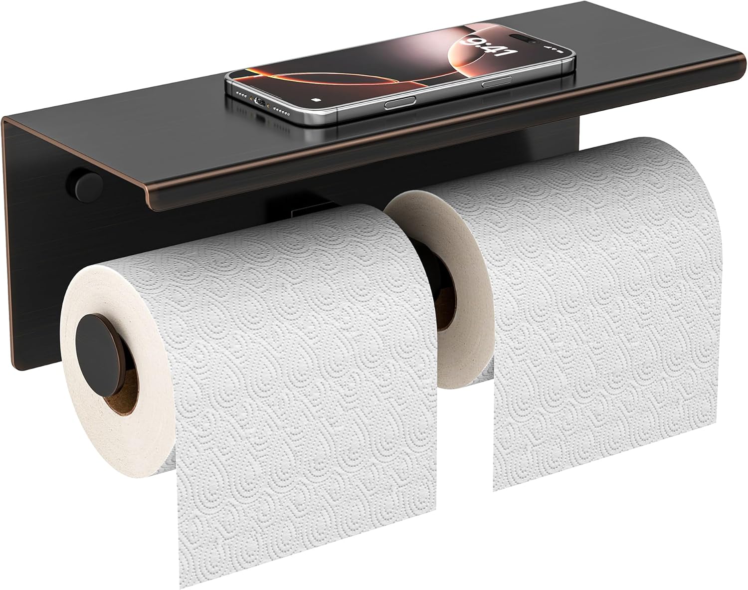 FORIOUS Double Toilet Paper Holder with Shelf, Wall Mount Tissue Roll Holder for Bathroom, 304 Stainless Steel Commercial Toilet Tissue Dispensers with Phone Shelf (1, Stainless Steel)