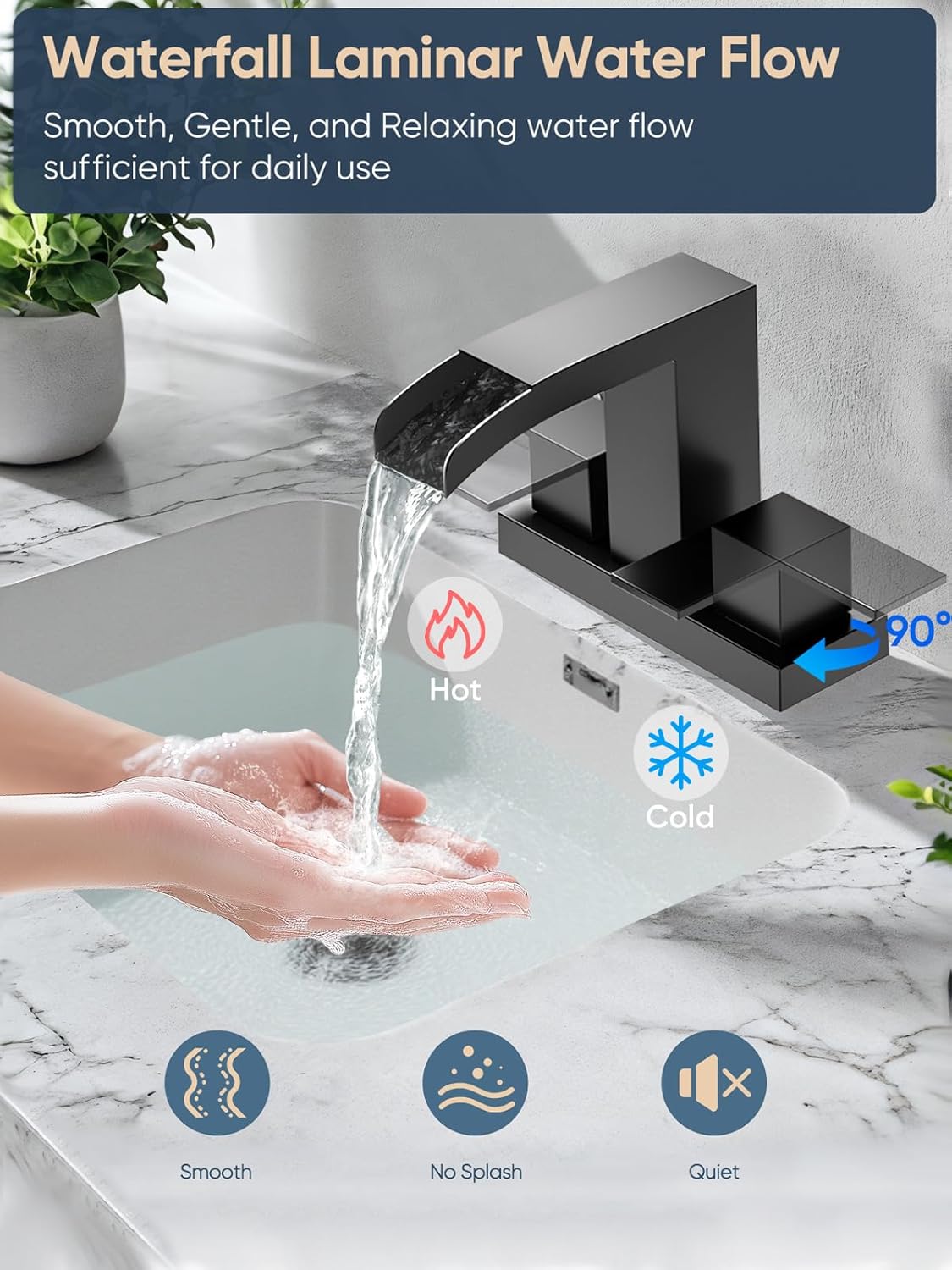 Cobbe Waterfall Bathroom Faucets 3 Hole, Matte Black Bathroom Sink Faucet Square 4 Inch Centerset with Pop-Up Drain, 2 Handle and 2 Supply Hoses, Lead-Free Stainless Steel for Vanity Sink Rv