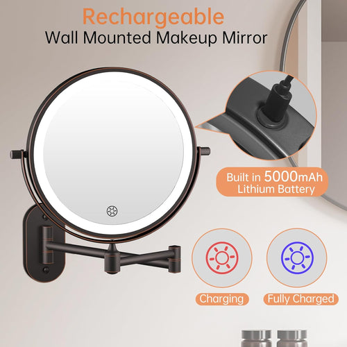 5000mAh Rechargeable Wall Mounted Lighted Makeup Vanity Mirror Double Sided 1X 30X Magnifying Bathroom Mirror, 3 Color Lighting, Touch Dimming, Extended Arm 360 Rotation Light up Mirror Antique Bronze