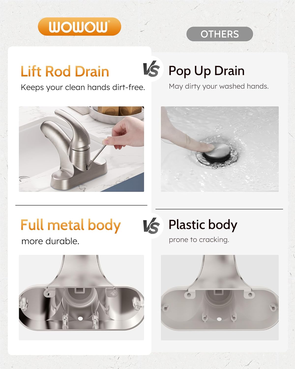 WOWOW Bathroom Faucet 1 Handle Low Arc Single Handle 4 inch Centerset Bathroom Sink Faucet with Pop Up Drain Assembly Basin Mixer Tap Brushed Nickel Vanity Faucets