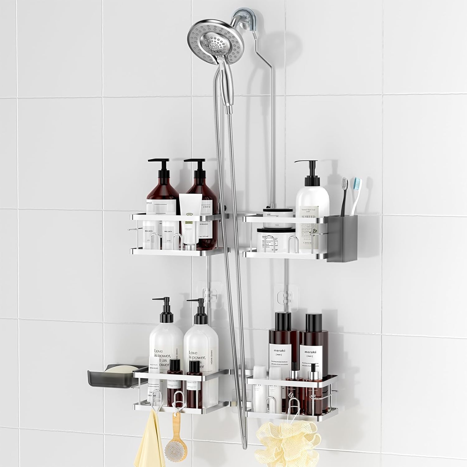 REINHARDT Adjustable Shower Caddy Hanging Rustproof Shower Caddy for Handheld Showerheads, Shower Organizer with Hooks Soap Holder Toothbrush Holder, Anti-Swing Shower Rack Bathroom Accessories, Black