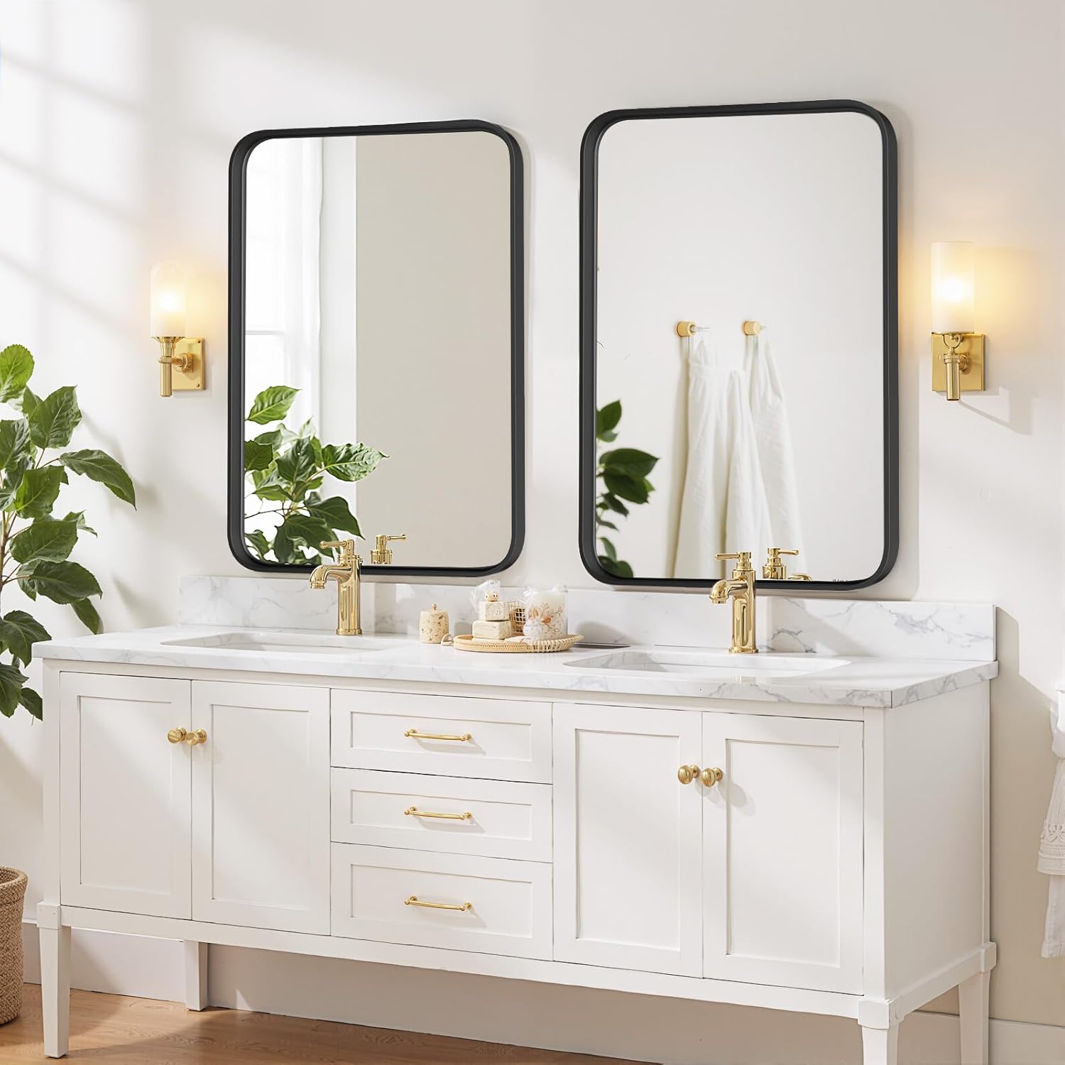 Bathroom Mirror 36x24 Inch Black Metal Frame Rectangle Vanity Mirror with Rounded Corners, Modern Wall Mounted Anti-Rust Mirror for Farmhouse, Restroom, Entryway, Horizontal or Vertical Hanging