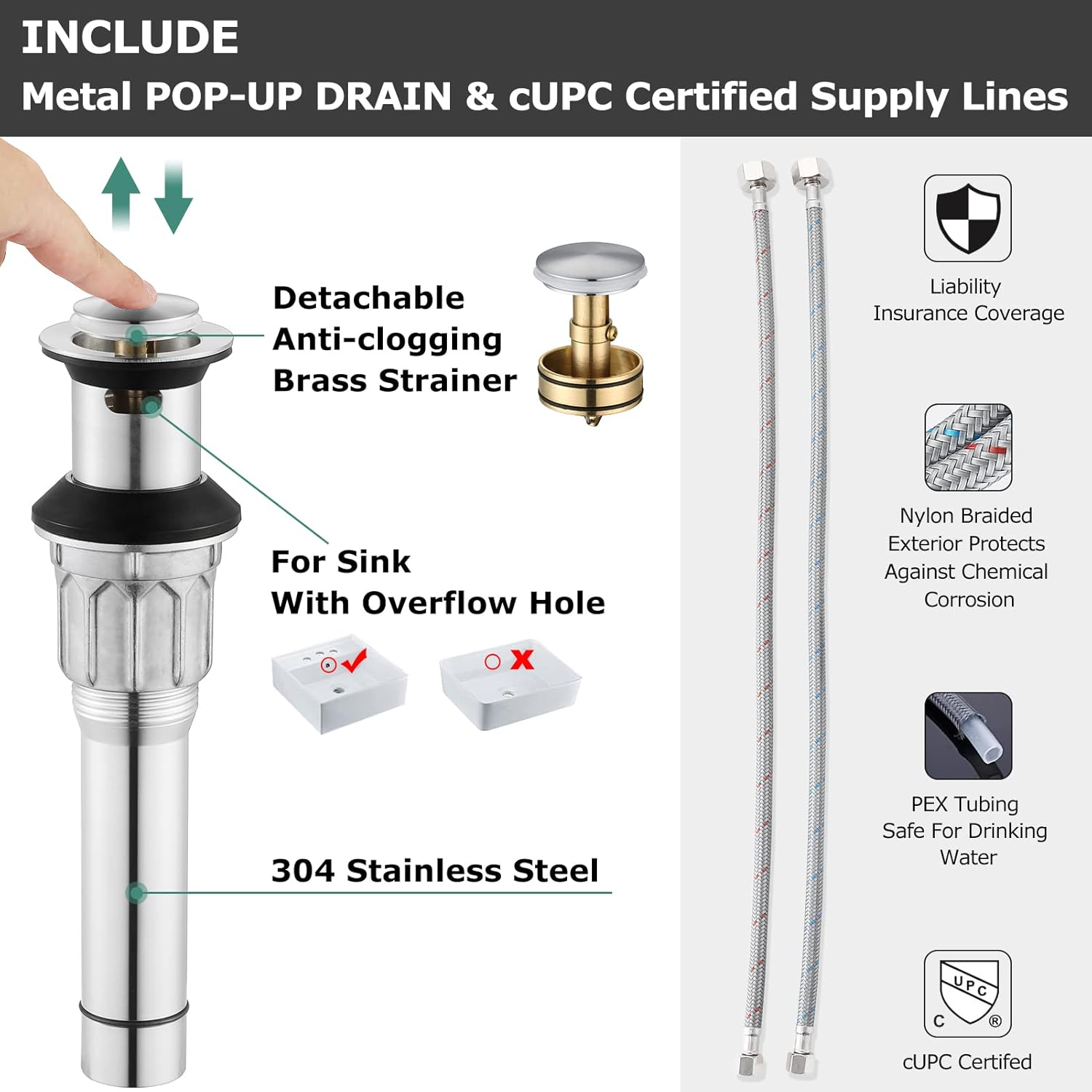 PARLOS 2-Handle Bathroom Sink Faucet with Drain Assembly and Supply Hose Lead-Free cUPC Lavatory Faucet Mixer Double Handle Tap Deck Mounted Brushed Nickel,13598