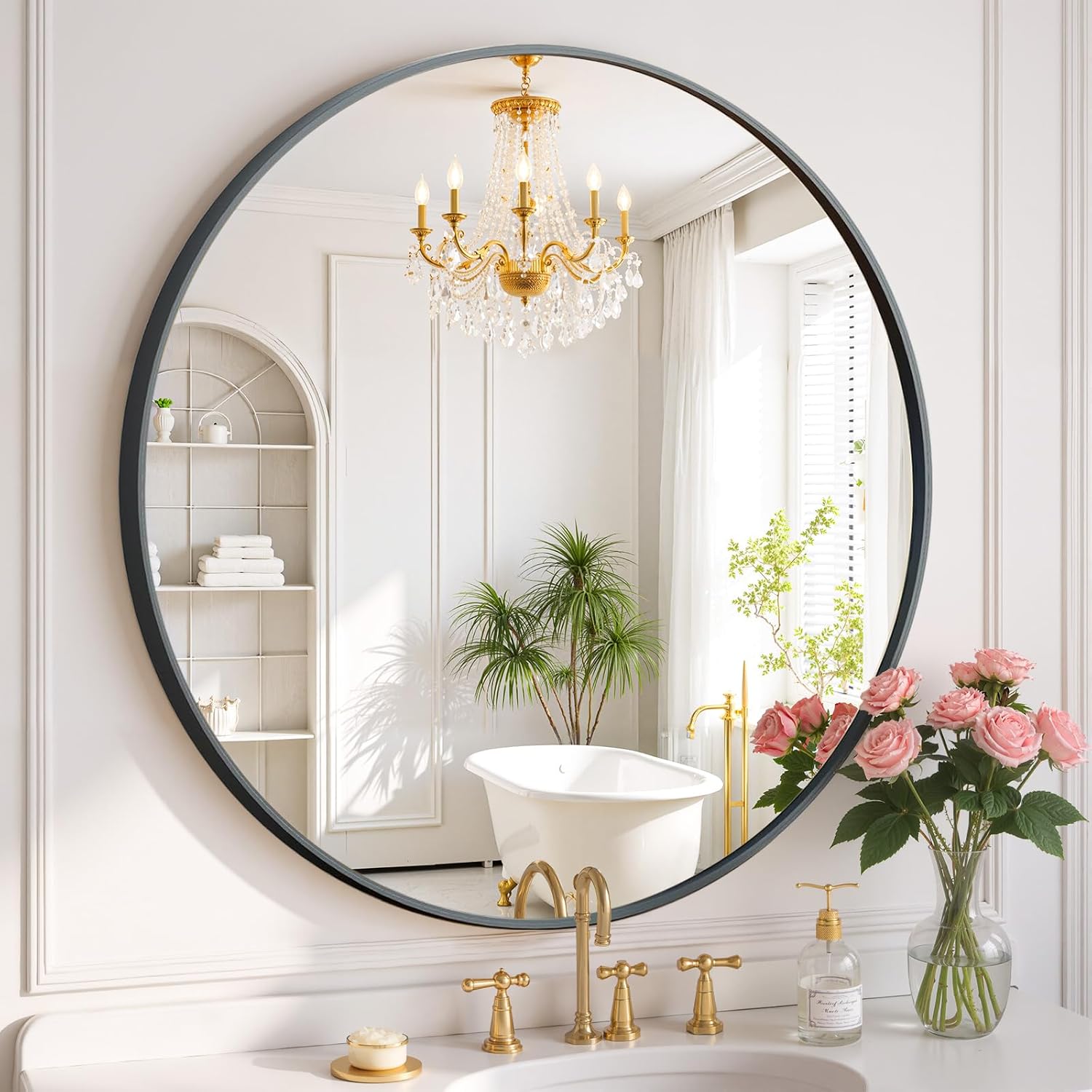 Bathroom Mirror 36x24 Inch Black Metal Frame Rectangle Vanity Mirror with Rounded Corners, Modern Wall Mounted Anti-Rust Mirror for Farmhouse, Restroom, Entryway, Horizontal or Vertical Hanging