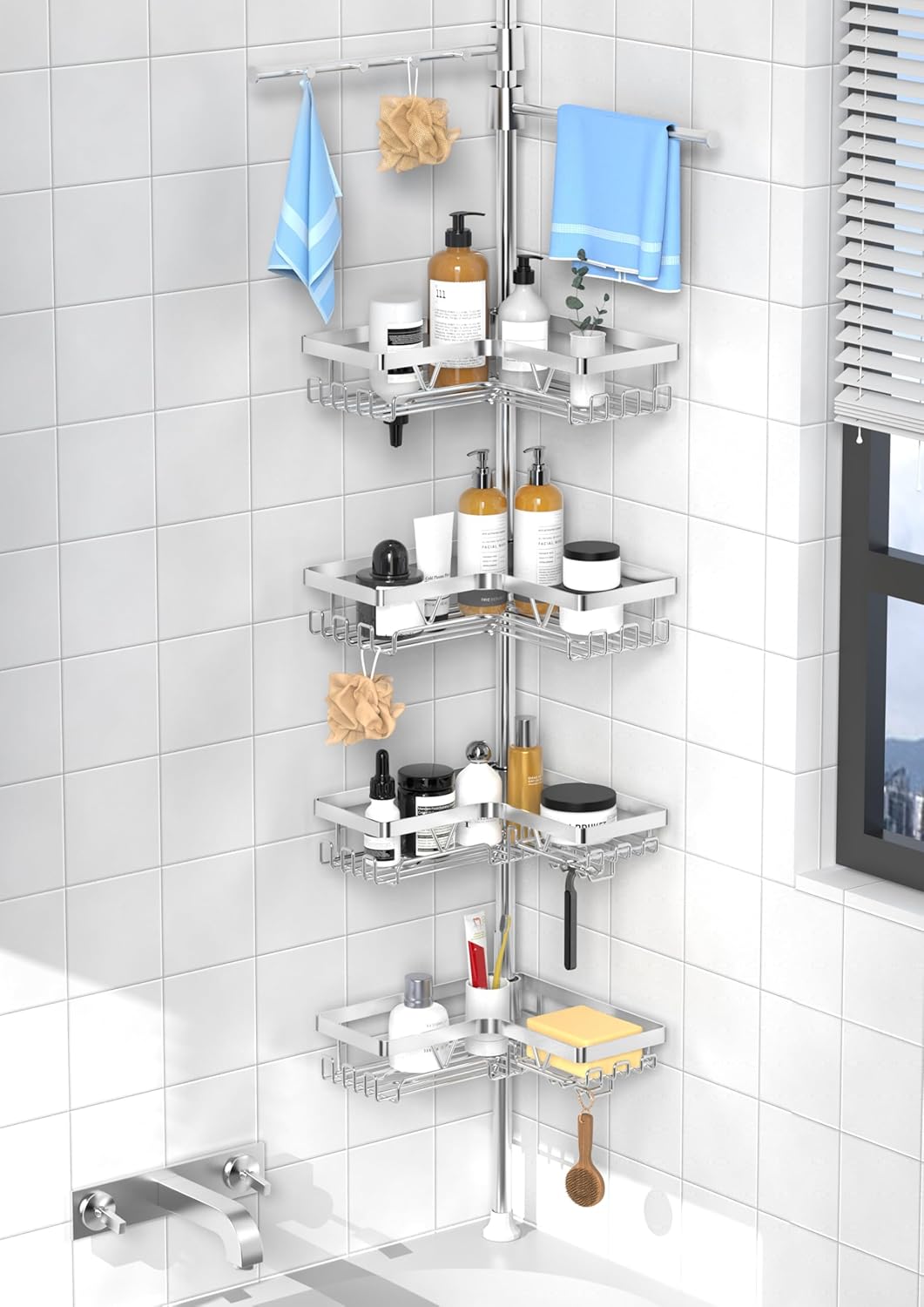 KEGII Corner Shower Caddy Tension Pole - Shower Tension Rod Organizer, Floor to Ceiling Shower Caddy 25-114.2 inch, Towel Rack Corner Waterproof, Black