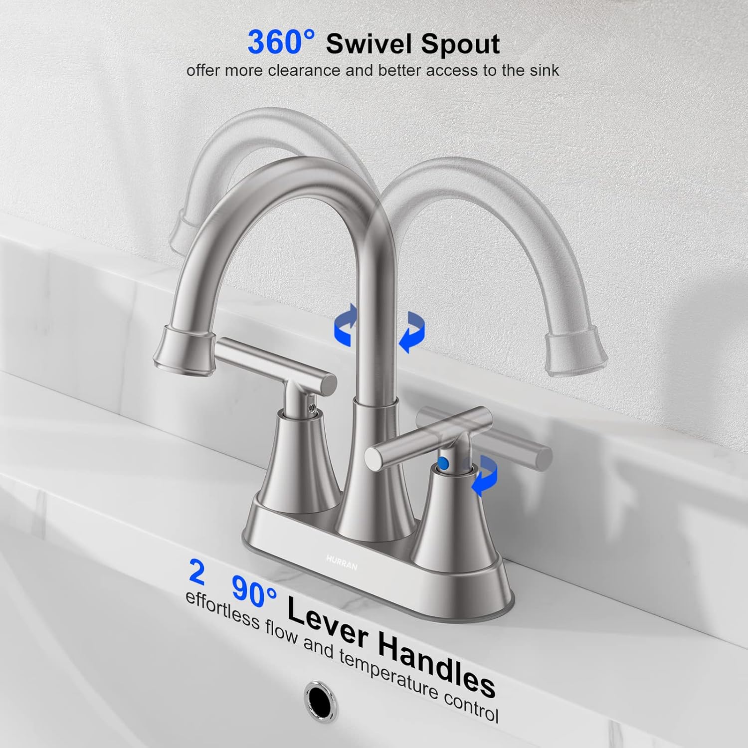 Bathroom Faucets for Sink 3 Hole, Hurran 4 inch Brushed Nickel Bathroom Sink Faucet with Pop-up Drain and Supply Hoses, Stainless Steel Lead-Free Centerset Faucet for Vanity RV, 2 Pack