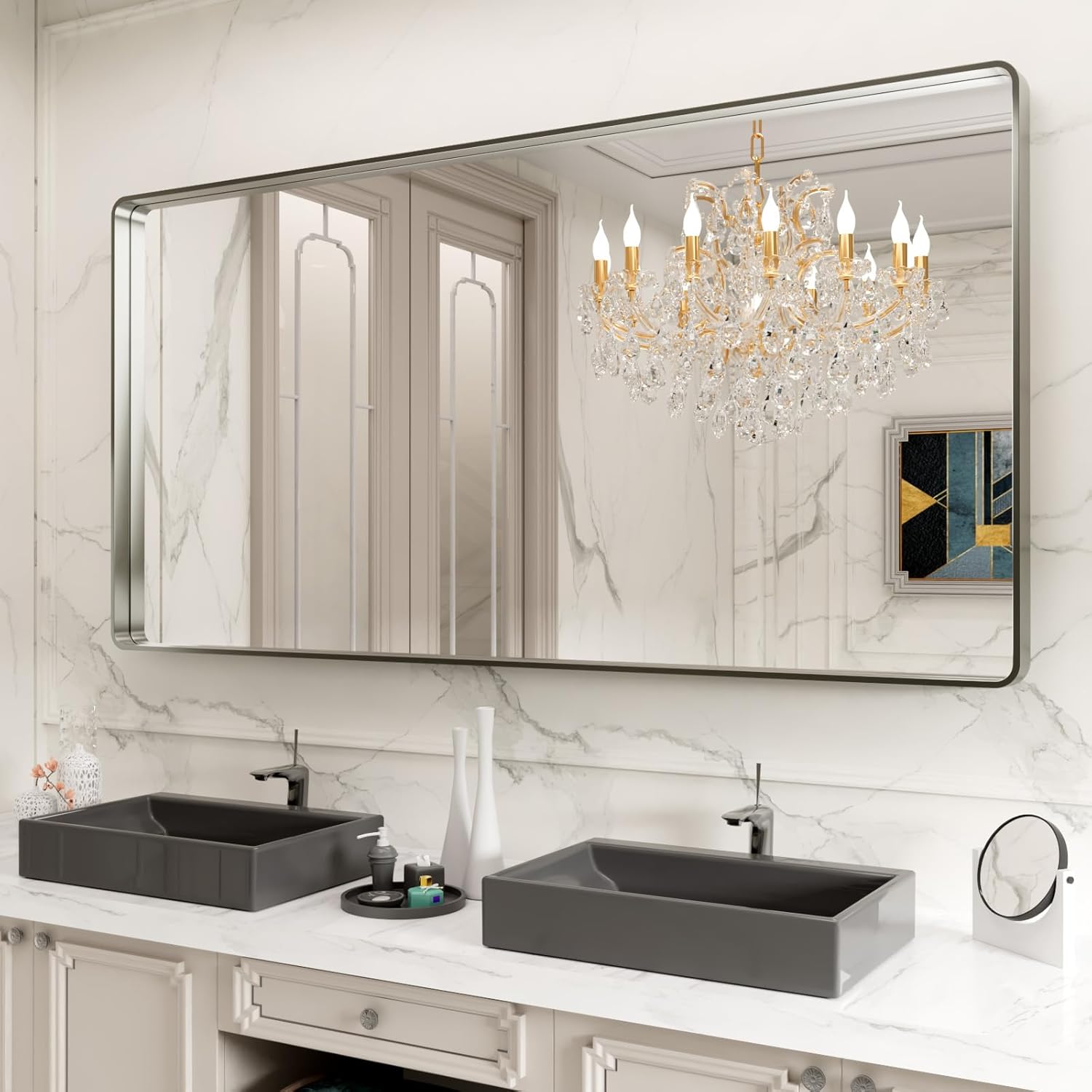 LOAAO Black Metal Framed Bathroom Mirror for Wall, 22X30 Inch Rounded Rectangle Mirror, Matte Black Bathroom Vanity Mirror Farmhouse, Anti-Rust, Hangs Horizontally or Vertically