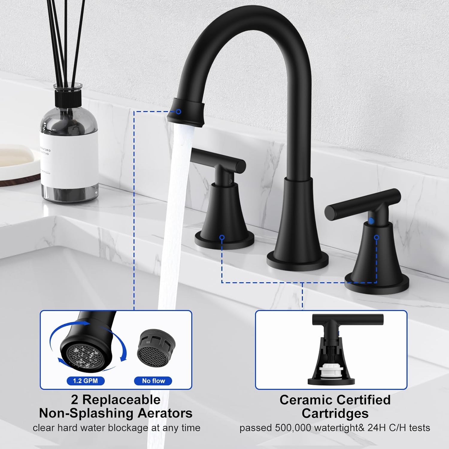 Bathroom Faucets for Sink 3 Hole, Hurran Matte Black Bathroom Sink Faucet with Pop-up Drain and Supply Lines, Stainless Steel Lead-Free Widespread Faucet for Vanity RV Farmhouse Sink