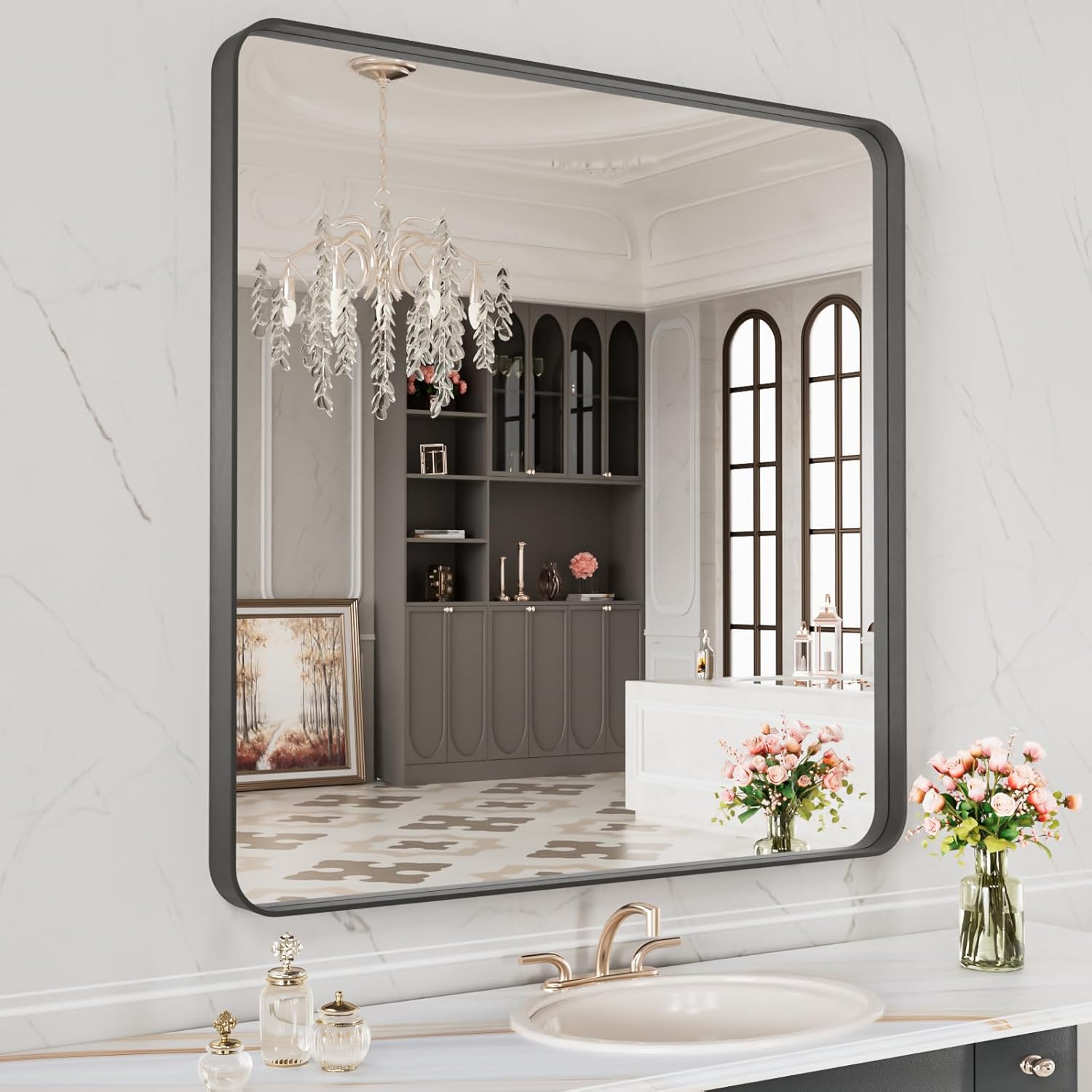 LOAAO Black Metal Framed Bathroom Mirror for Wall, 22X30 Inch Rounded Rectangle Mirror, Matte Black Bathroom Vanity Mirror Farmhouse, Anti-Rust, Hangs Horizontally or Vertically