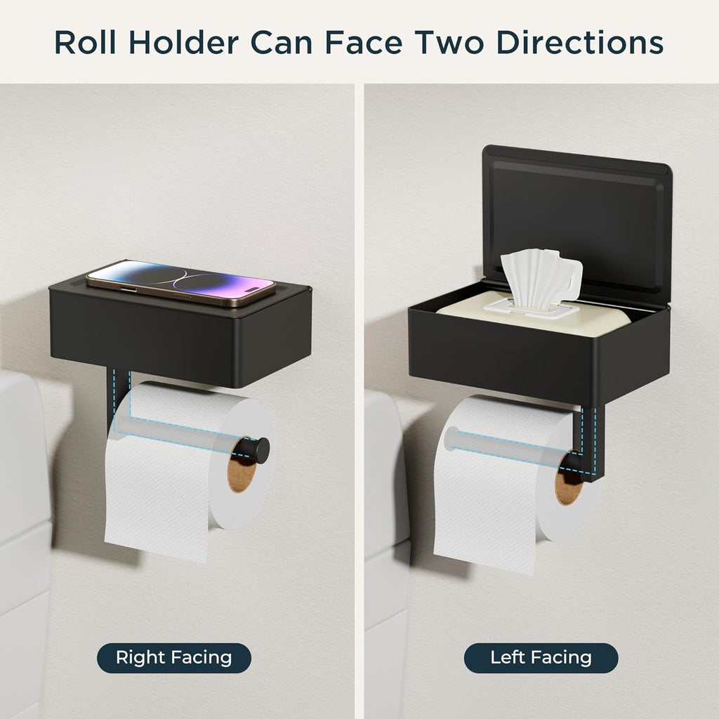 FORIOUS Toilet Paper Holder with Shelf, SUS304 Stainless Steel Wall Mount Toilet Paper Roll Holder, Flushable Wipes Dispenser Fits for Bathroom Wipe Storage, Bathroom Organizer (1, Matte Black)