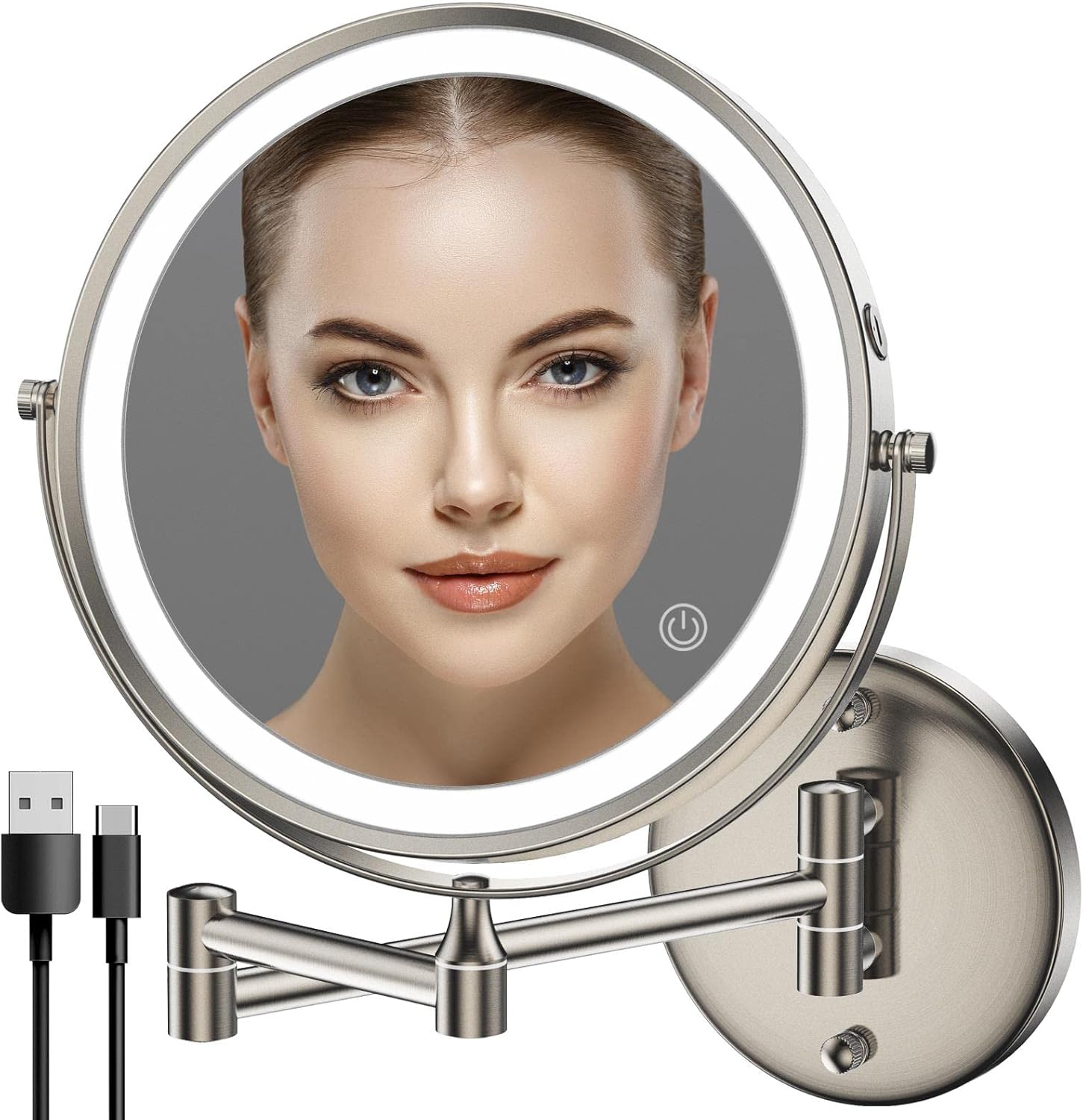 Rocollos Rechargeable Wall Mounted Lighted Makeup Mirror Chrome, 8 Inch Double-Sided LED Vanity Mirror 1X/10X Magnification,3 Color Lights Touch Screen Dimmable 360°Swivel 13 Inch Extendable