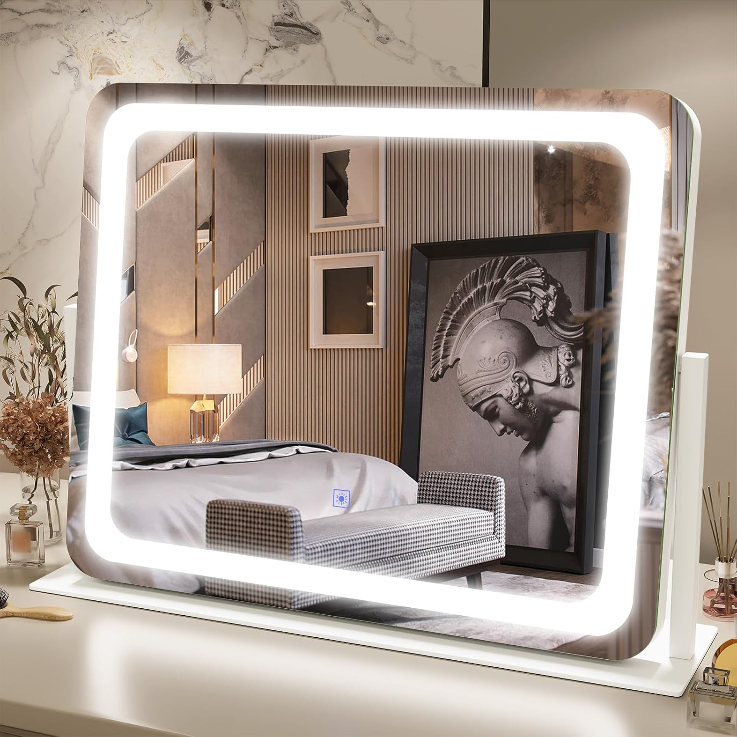 FENNIO 23" x 18" Vanity Mirror with Lights，LED Makeup Mirror，Hollywood Mirror with 3 Color Modes & Adjustable Brightness，Vanity Mirror Square White