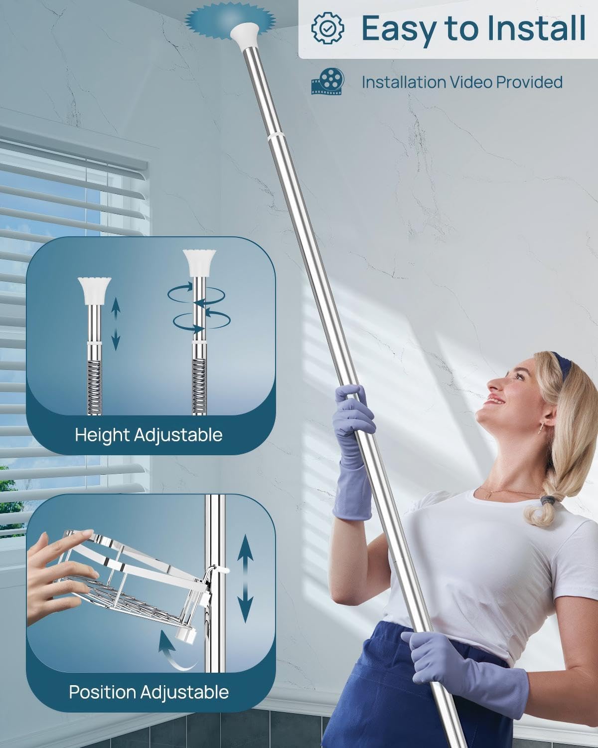 SEIRIONE Rustproof Shower Corner Caddy Organizer for Bathroom, 4 Adjustable Shelves with Tension Pole, for Bathtub Shampoo Accessories Storage Holder, 34 to 116 Inch Height