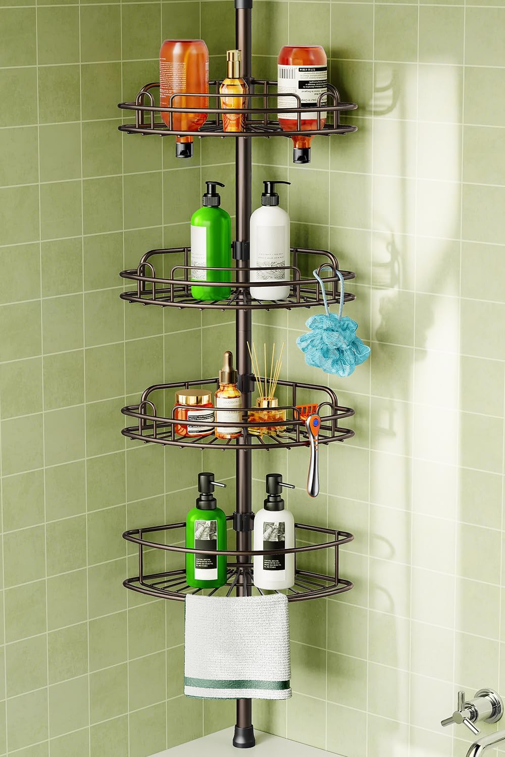 HAMITOR Corner Shower Caddy Tension Pole: 4-Tier Rust-Resistant Adjustable Bathroom Organizer Shelves - 47-121 Inch No-Drill Quick Installation - Space-Saving Storage for Renters Family - Silver Gray
