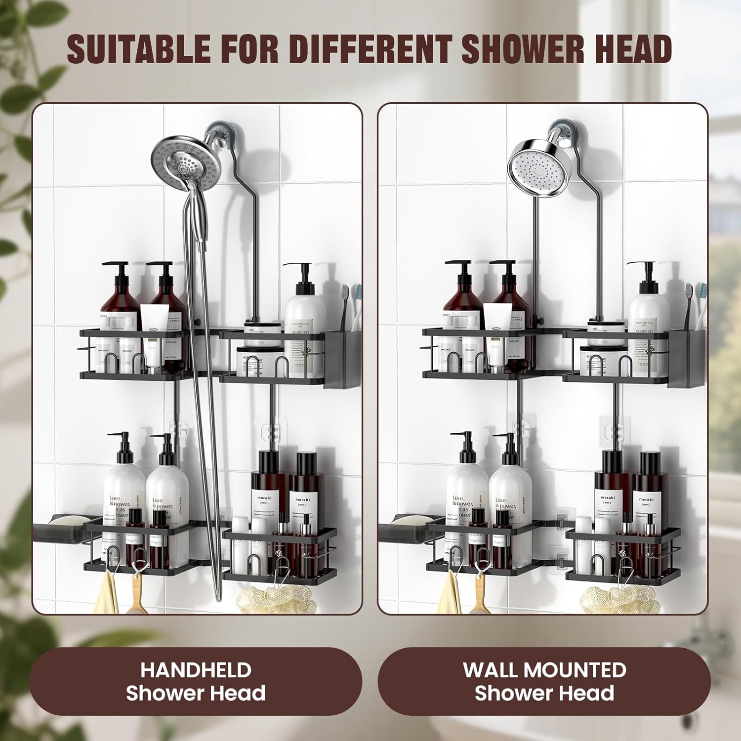 REINHARDT Adjustable Shower Caddy Hanging Rustproof Shower Caddy for Handheld Showerheads, Shower Organizer with Hooks Soap Holder Toothbrush Holder, Anti-Swing Shower Rack Bathroom Accessories, Black