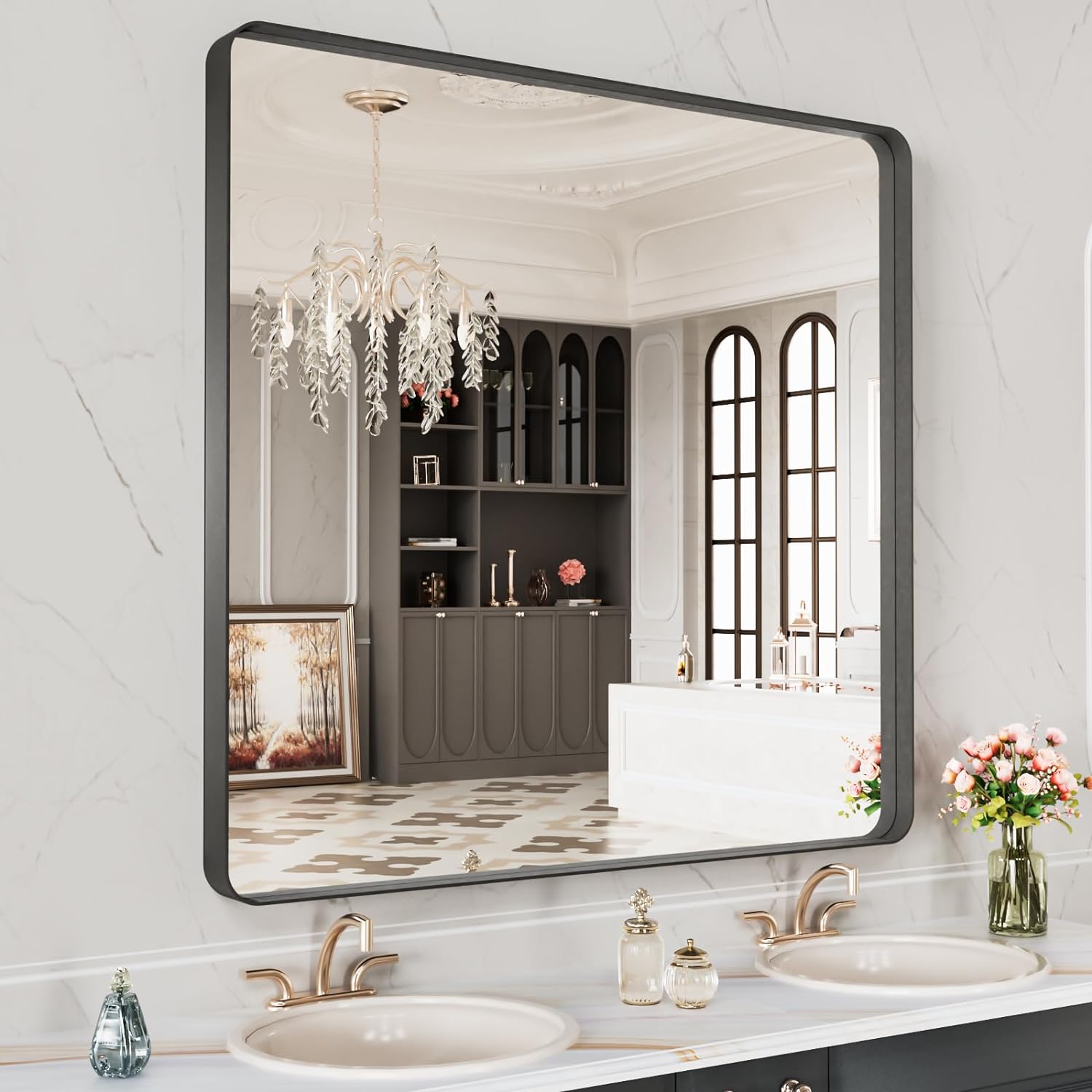 LOAAO Black Metal Framed Bathroom Mirror for Wall, 22X30 Inch Rounded Rectangle Mirror, Matte Black Bathroom Vanity Mirror Farmhouse, Anti-Rust, Hangs Horizontally or Vertically