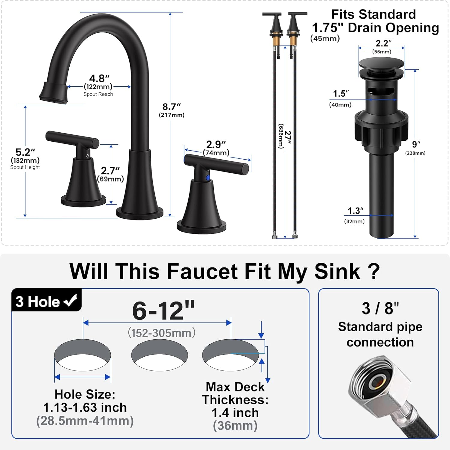 Bathroom Faucets for Sink 3 Hole, Hurran Matte Black Bathroom Sink Faucet with Pop-up Drain and Supply Lines, Stainless Steel Lead-Free Widespread Faucet for Vanity RV Farmhouse Sink