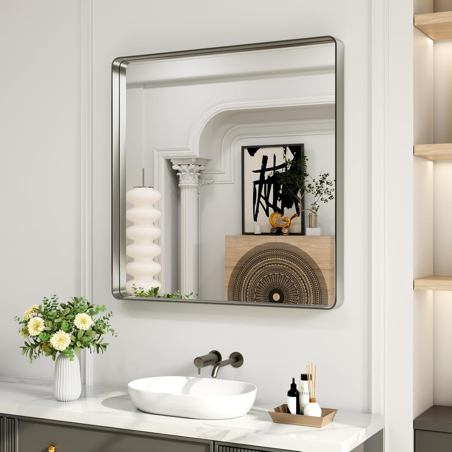 LOAAO Black Metal Framed Bathroom Mirror for Wall, 22X30 Inch Rounded Rectangle Mirror, Matte Black Bathroom Vanity Mirror Farmhouse, Anti-Rust, Hangs Horizontally or Vertically