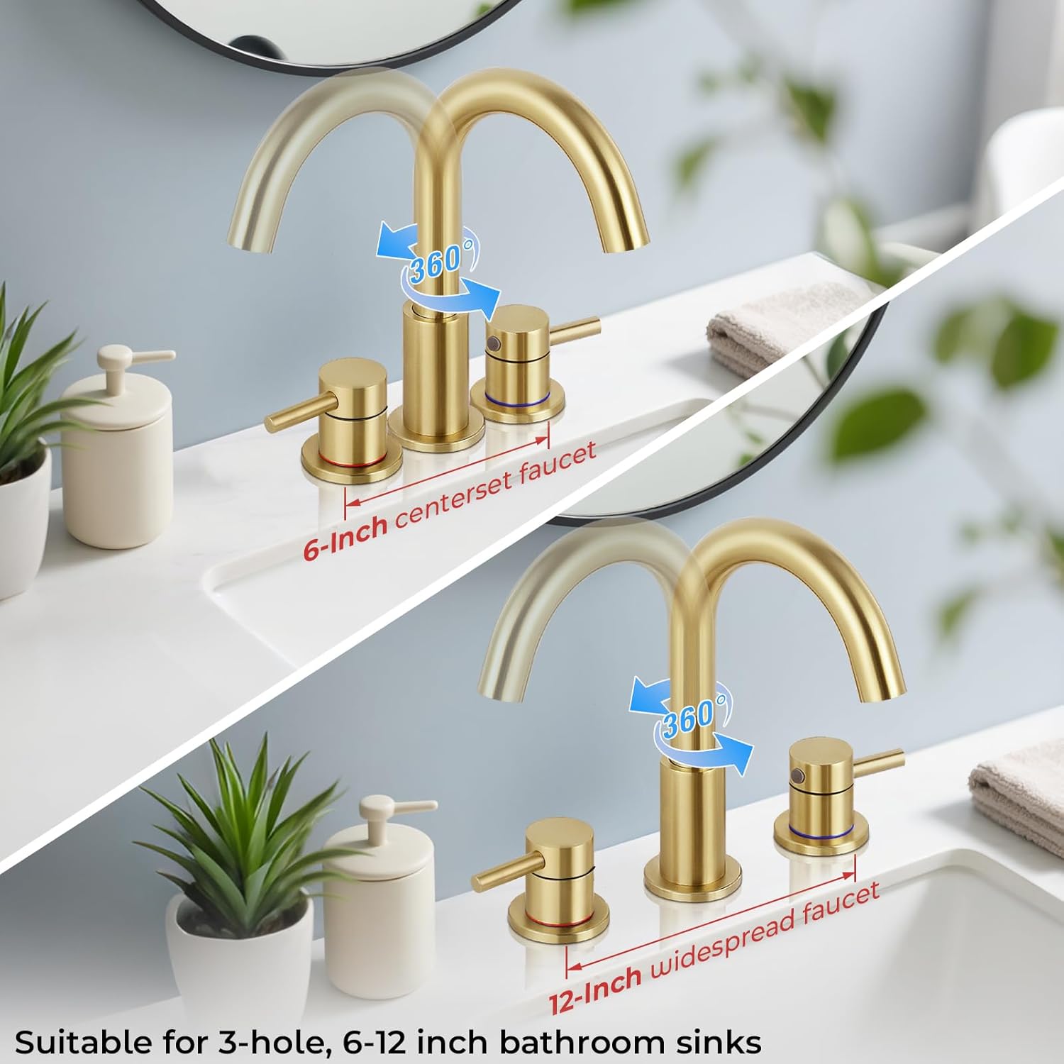 Bathroom Faucet 3 Hole, Brushed Gold Bathroom Sink Faucet with Pop Up Drain, 8 inch Widespread Bathroom Faucet with 360° Swivel Spout, 2 Handle Vanity Faucet with Water Supply Hoses