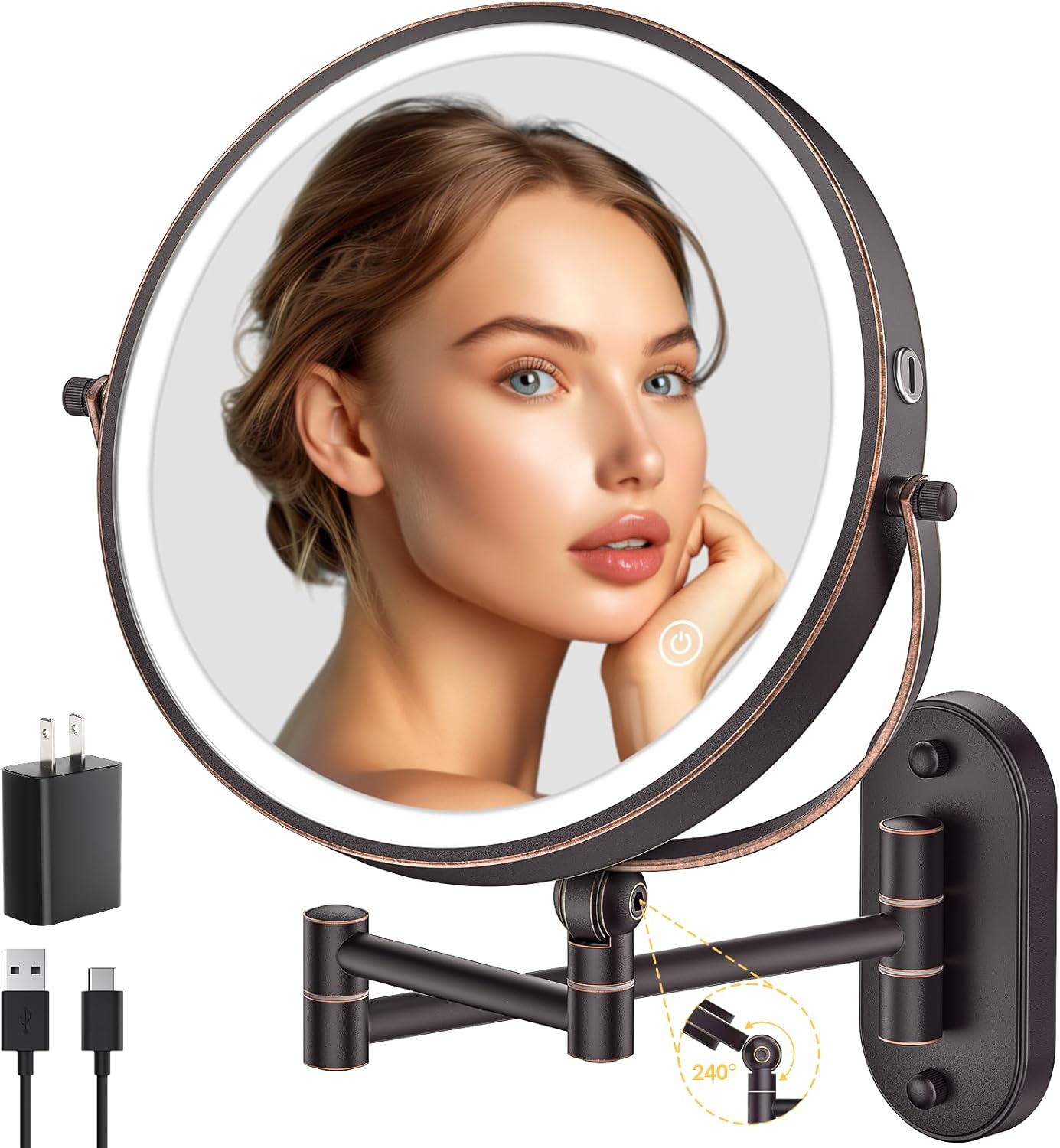 9" Wall Mounted Lighted Makeup Mirror,4000mAh Rechargeable Double Sided 1X/10X Magnifying Mirror with Light,3 Color Lights,Touch Dimmable,Extended Arm 360 Rotation Wall Mounted Makeup Mirror