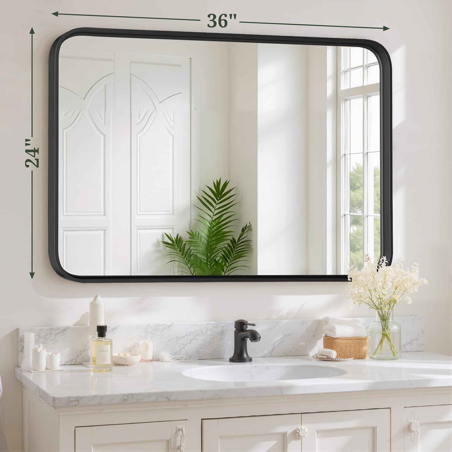 Bathroom Mirror 36x24 Inch Black Metal Frame Rectangle Vanity Mirror with Rounded Corners, Modern Wall Mounted Anti-Rust Mirror for Farmhouse, Restroom, Entryway, Horizontal or Vertical Hanging