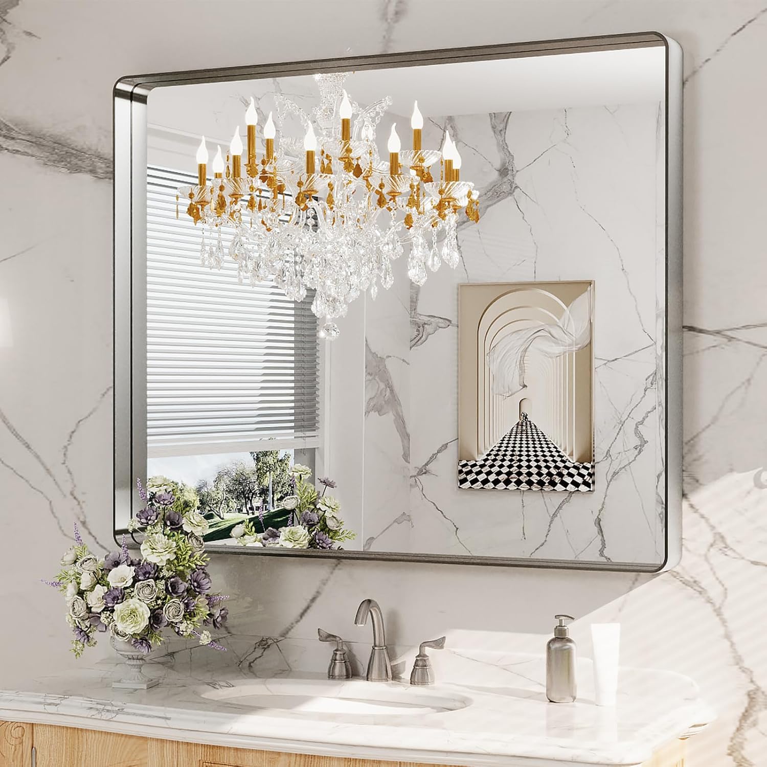 LOAAO Black Metal Framed Bathroom Mirror for Wall, 22X30 Inch Rounded Rectangle Mirror, Matte Black Bathroom Vanity Mirror Farmhouse, Anti-Rust, Hangs Horizontally or Vertically