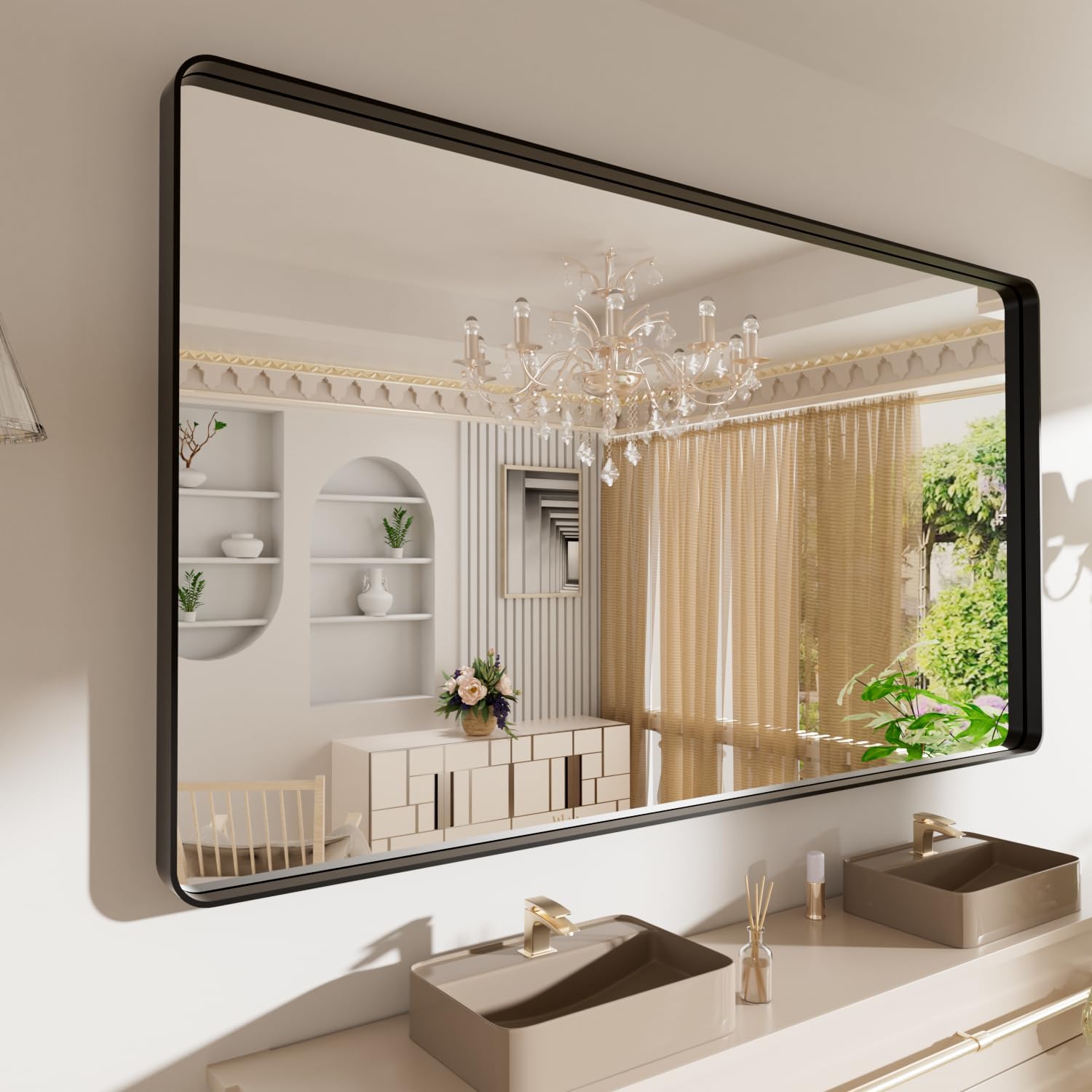 LOAAO Black Metal Framed Bathroom Mirror for Wall, 22X30 Inch Rounded Rectangle Mirror, Matte Black Bathroom Vanity Mirror Farmhouse, Anti-Rust, Hangs Horizontally or Vertically