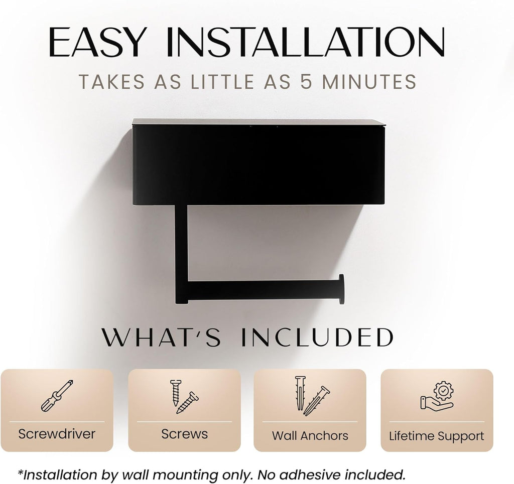 Day Moon™ Matte Black Toilet Paper Holder with Shelf, Wipe Holder for Bathroom Flushable Wipes Dispenser Toilet Paper and Wipes Holder Toilet Paper Holder with Storage