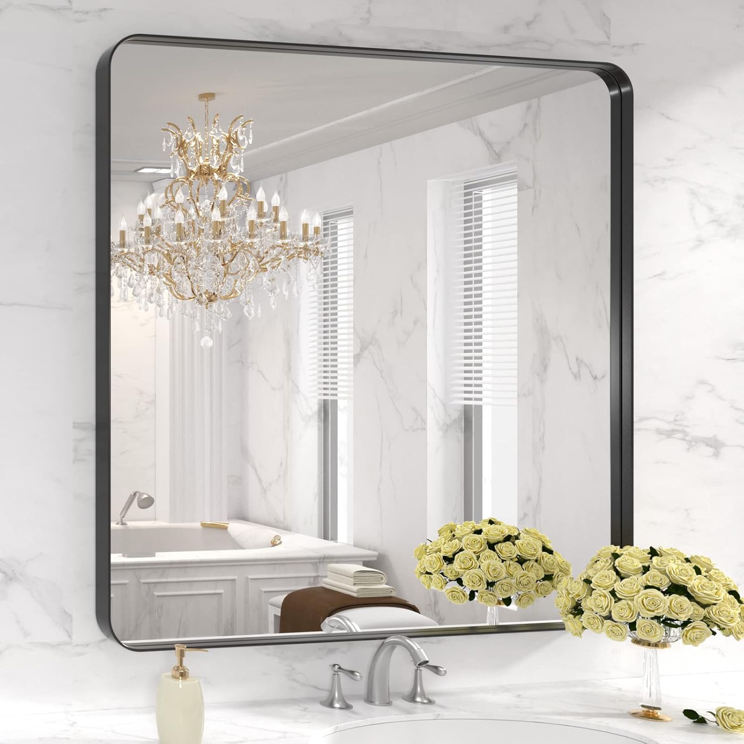 LOAAO Black Metal Framed Bathroom Mirror for Wall, 22X30 Inch Rounded Rectangle Mirror, Matte Black Bathroom Vanity Mirror Farmhouse, Anti-Rust, Hangs Horizontally or Vertically