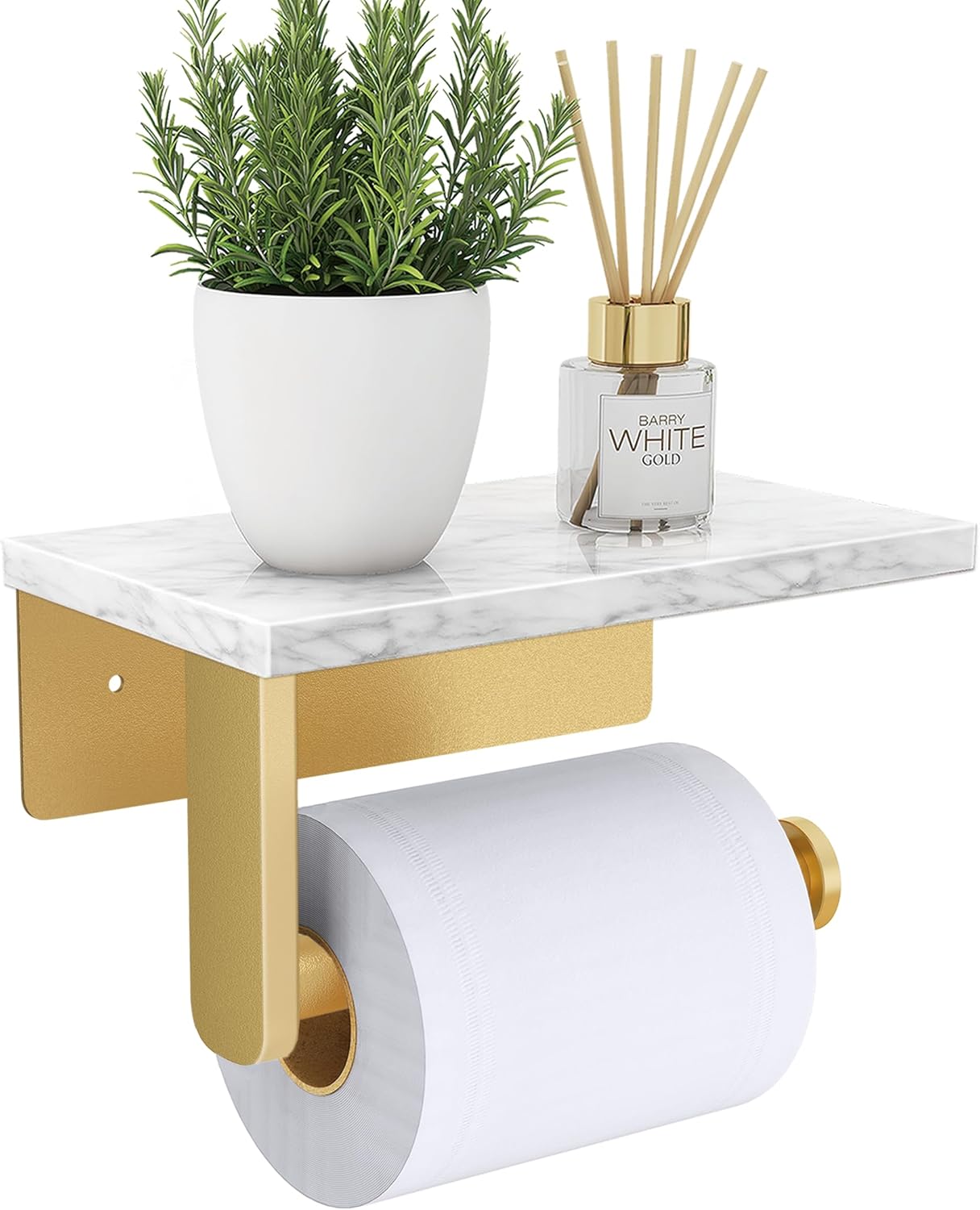 Brushed Nickel Toilet Paper Holder with Natural Marble Shelf, Screw Wall Mounted, Tissue Roll Holder for Bathroom Washroom