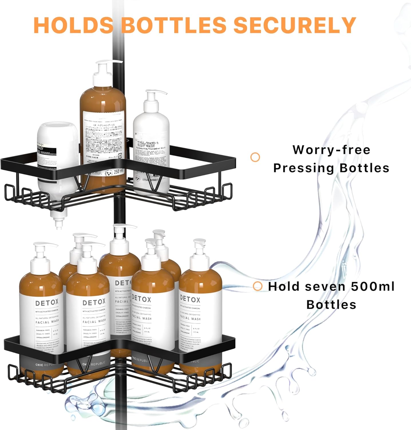 KEGII Corner Shower Caddy Tension Pole - Shower Tension Rod Organizer, Floor to Ceiling Shower Caddy 25-114.2 inch, Towel Rack Corner Waterproof, Black